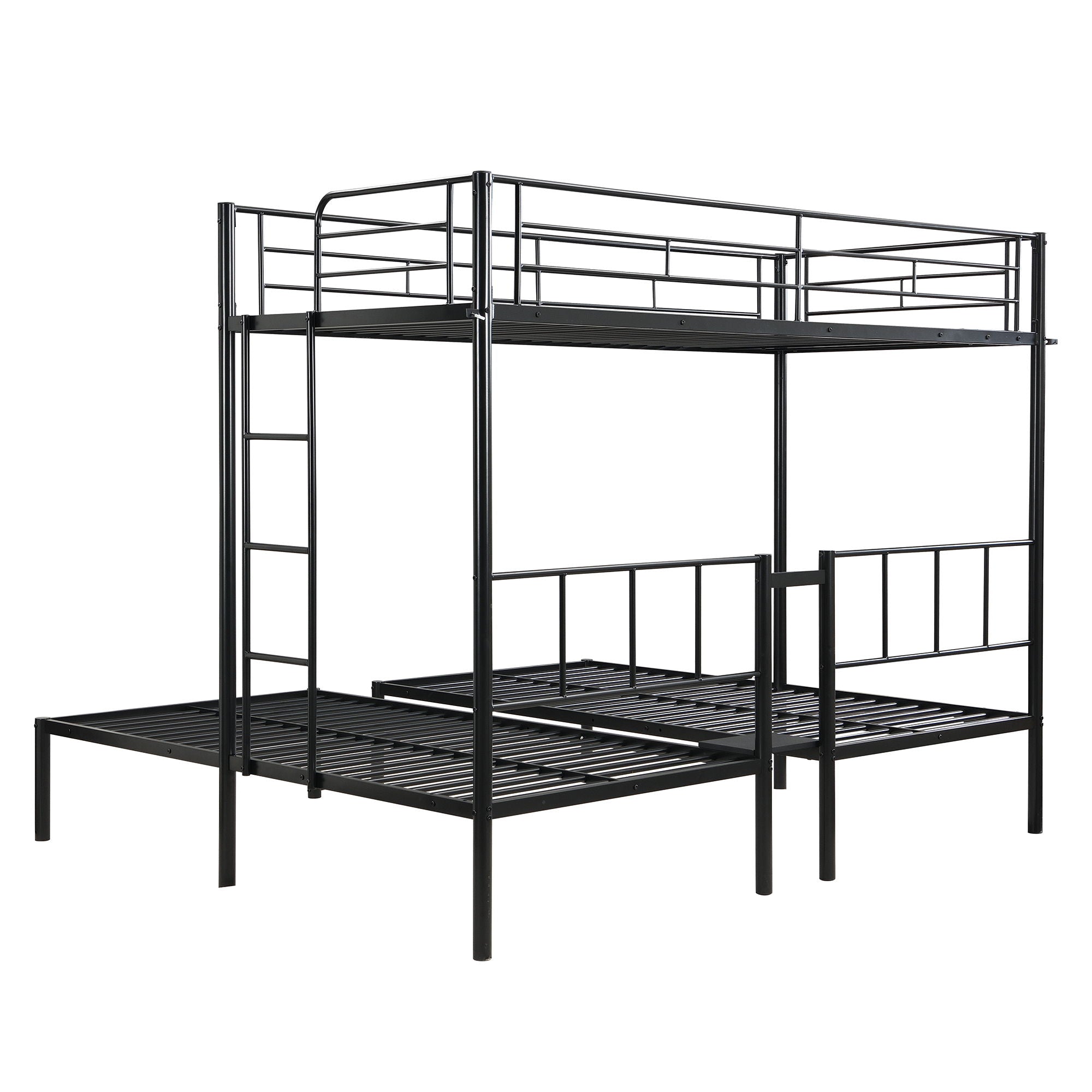 Twin Over Twin Over Twin Triple Bunk Bed With Safety Rails And Storage Shelf - Black