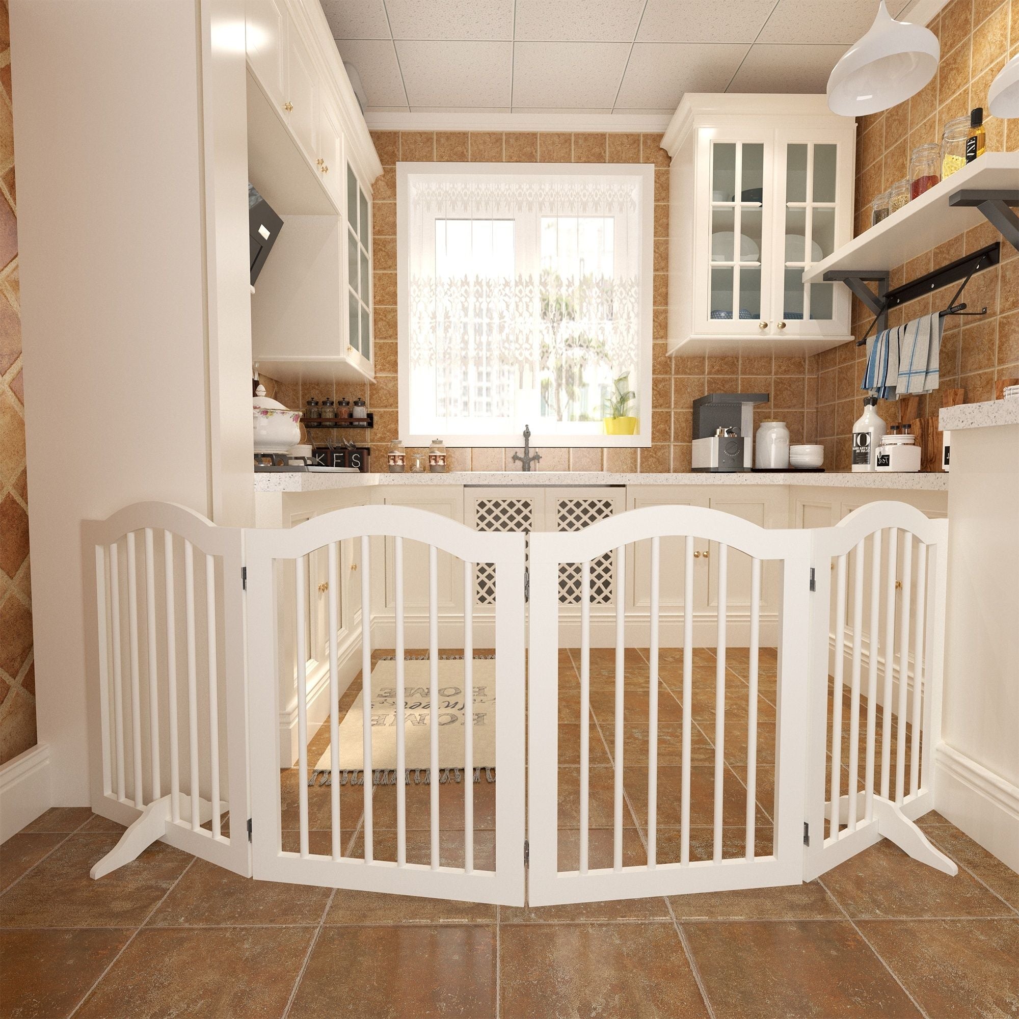 4 Panel Freestanding Pet Gate With Foldable Design And Support Feet - White