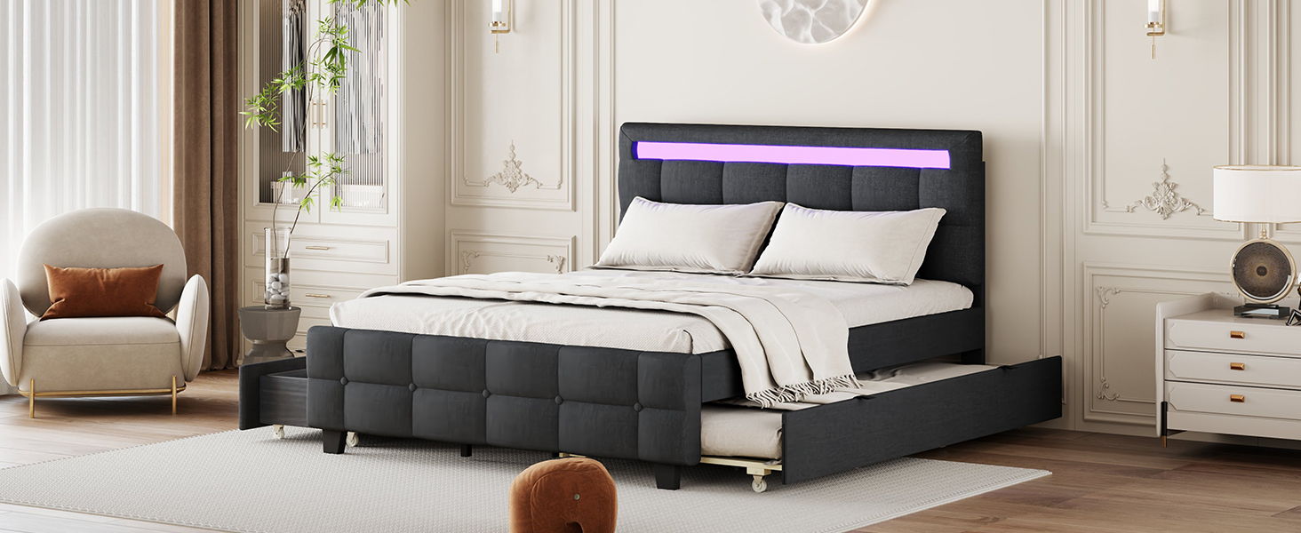 Upholstered Platform Bed With LED Frame, With Trundle And 2 Drawers