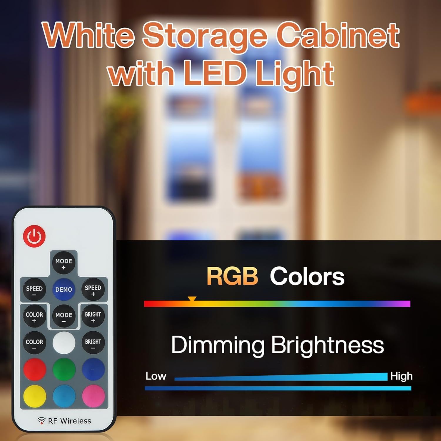 Bookcase With Doors And LED Lighting, 8 Adjustable Shelves Storage Cabinet