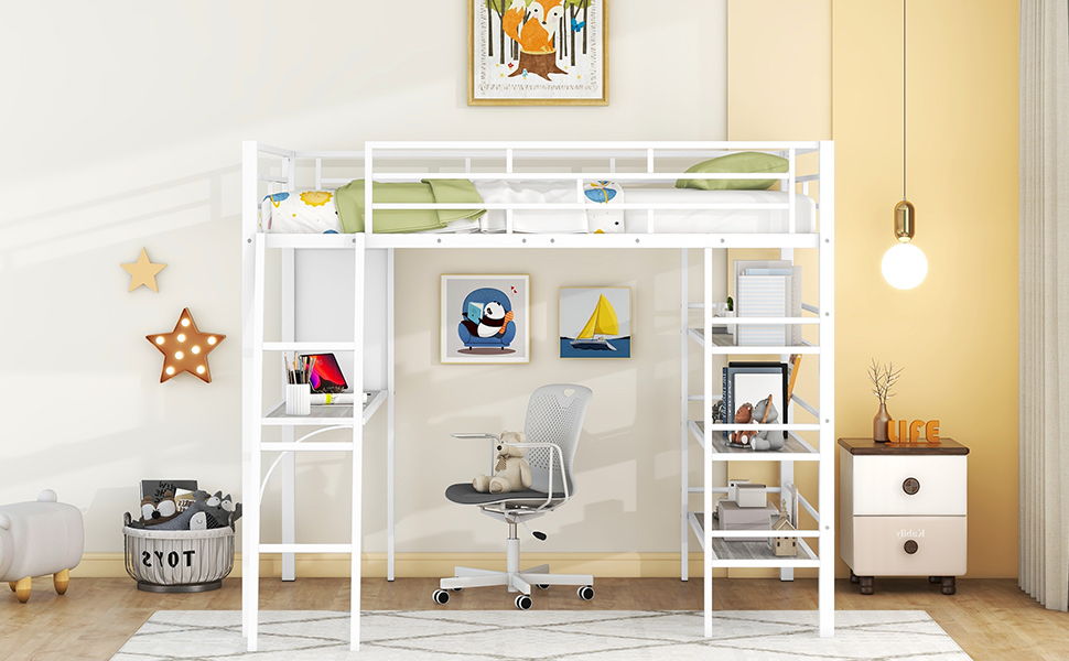 Bed With 3 Layers Of Shelves And Desk, Stylish Frame Bed