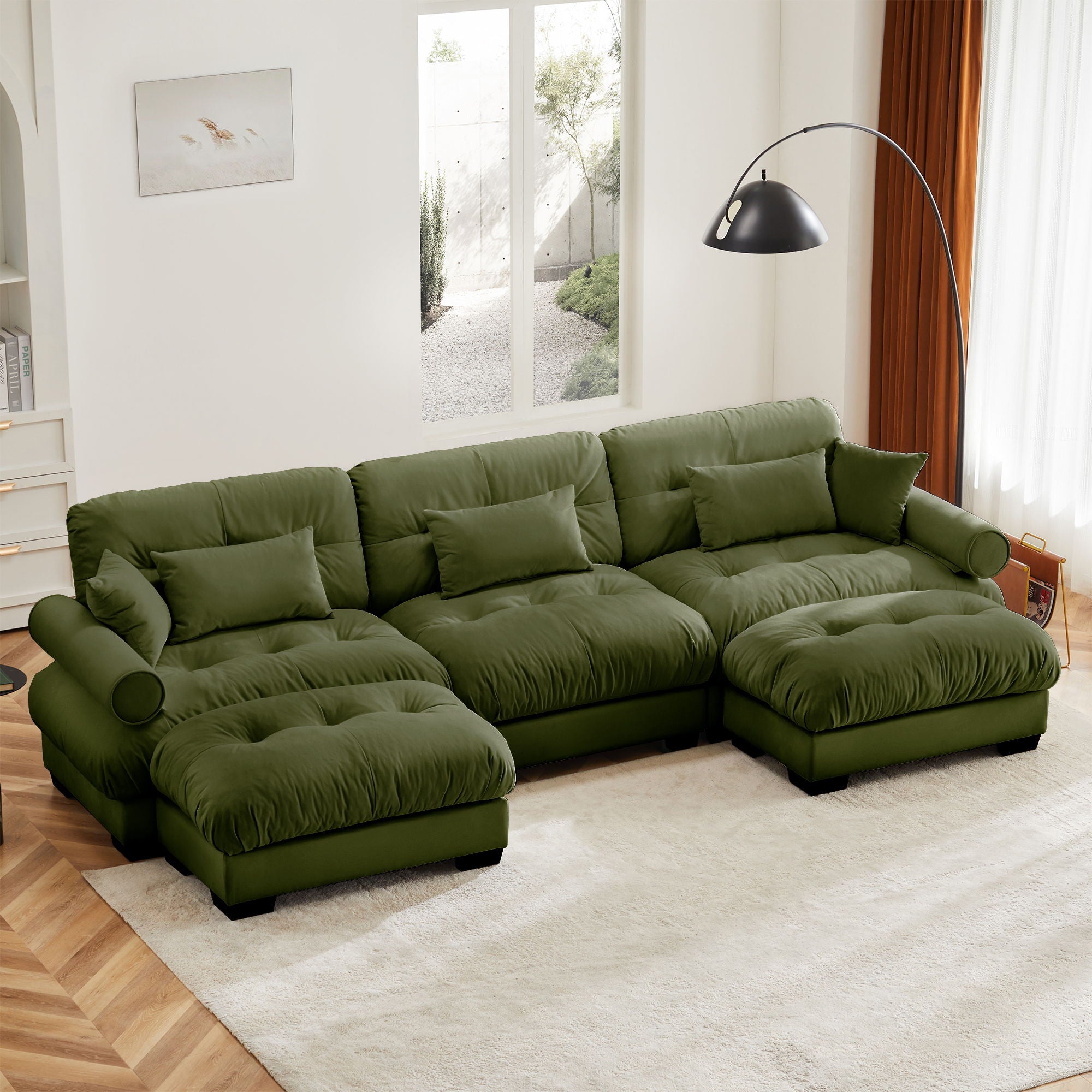 Modern Sectional Sofa With Ottoman, Round Bolster Armrests, Waist And Throw Pillows