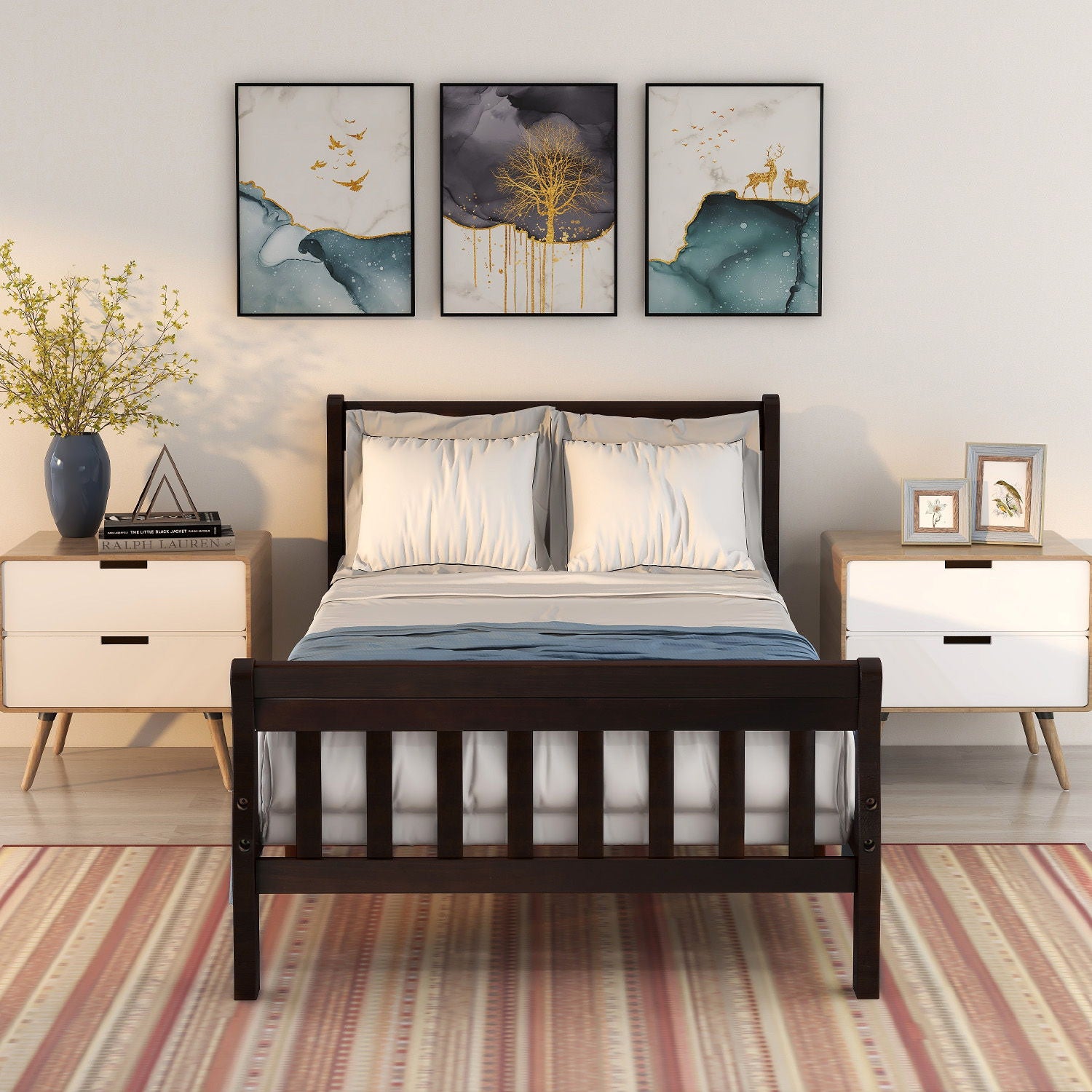 Platform Bed, Mattress Foundation Sleigh Bed With Headboard, Footboard, Slat Support