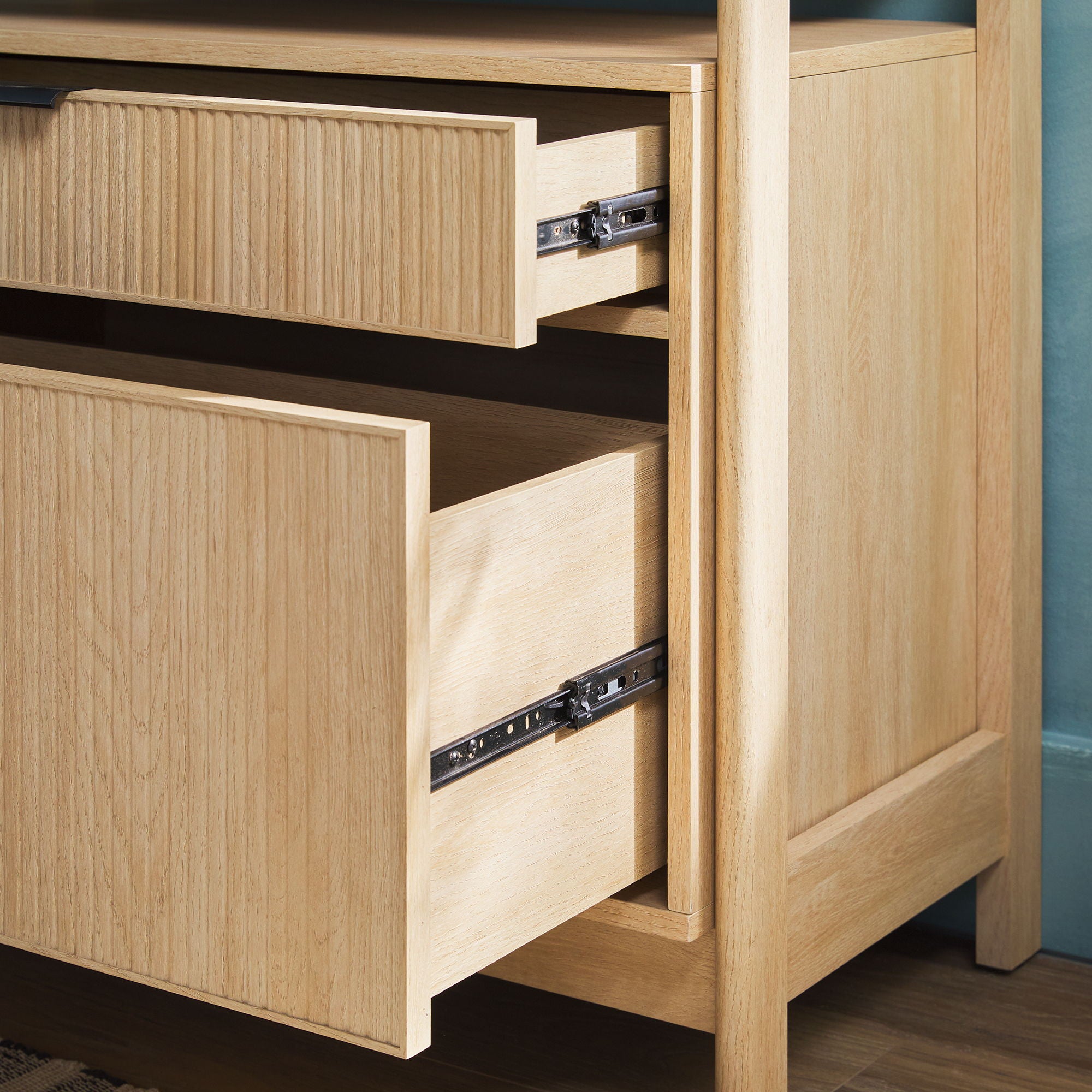 Transitional Wide Reeded Bookshelf With Drawers On Bottom