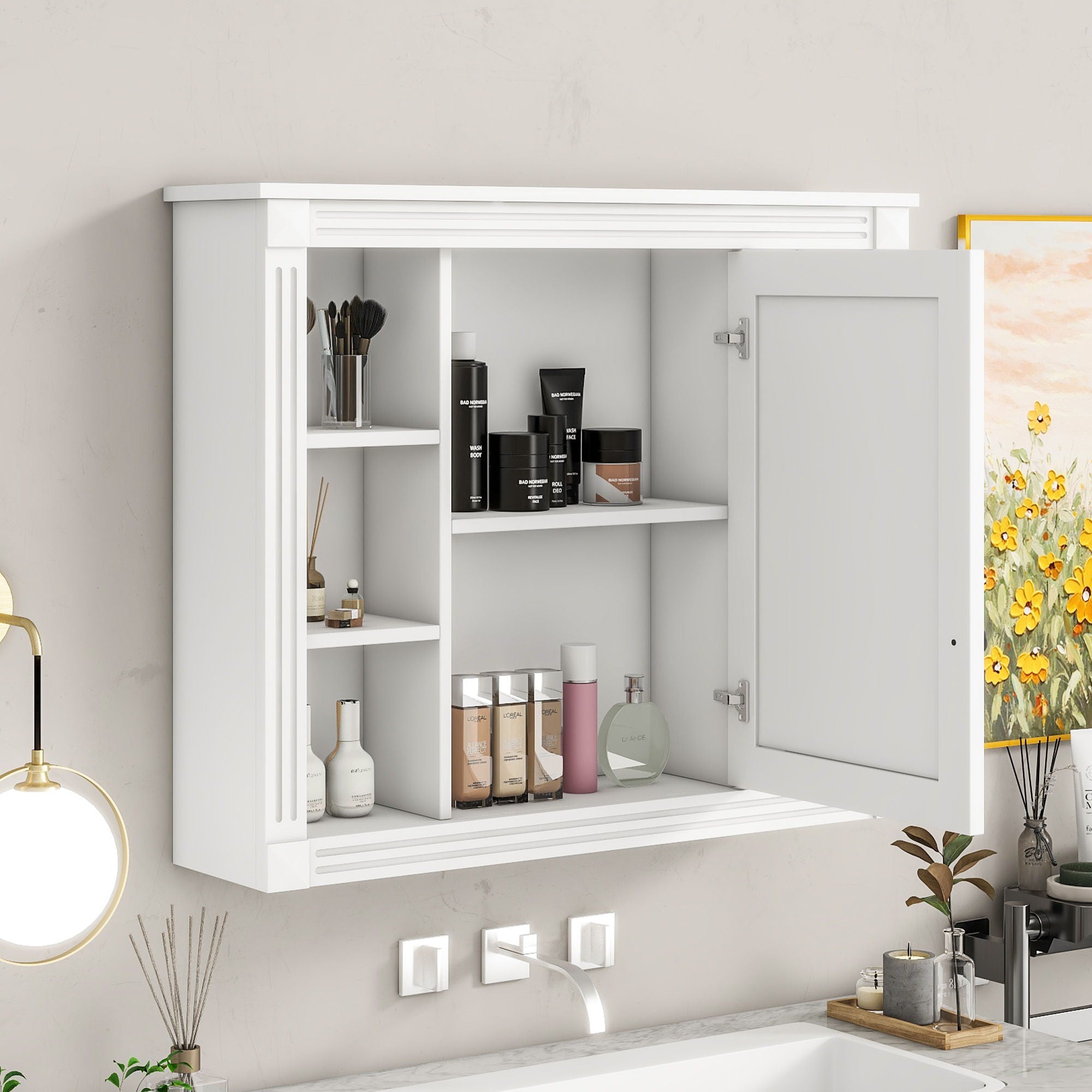 Wall Mounted Bathroom Storage Cabinet With Mirror, 6 Open Shelves