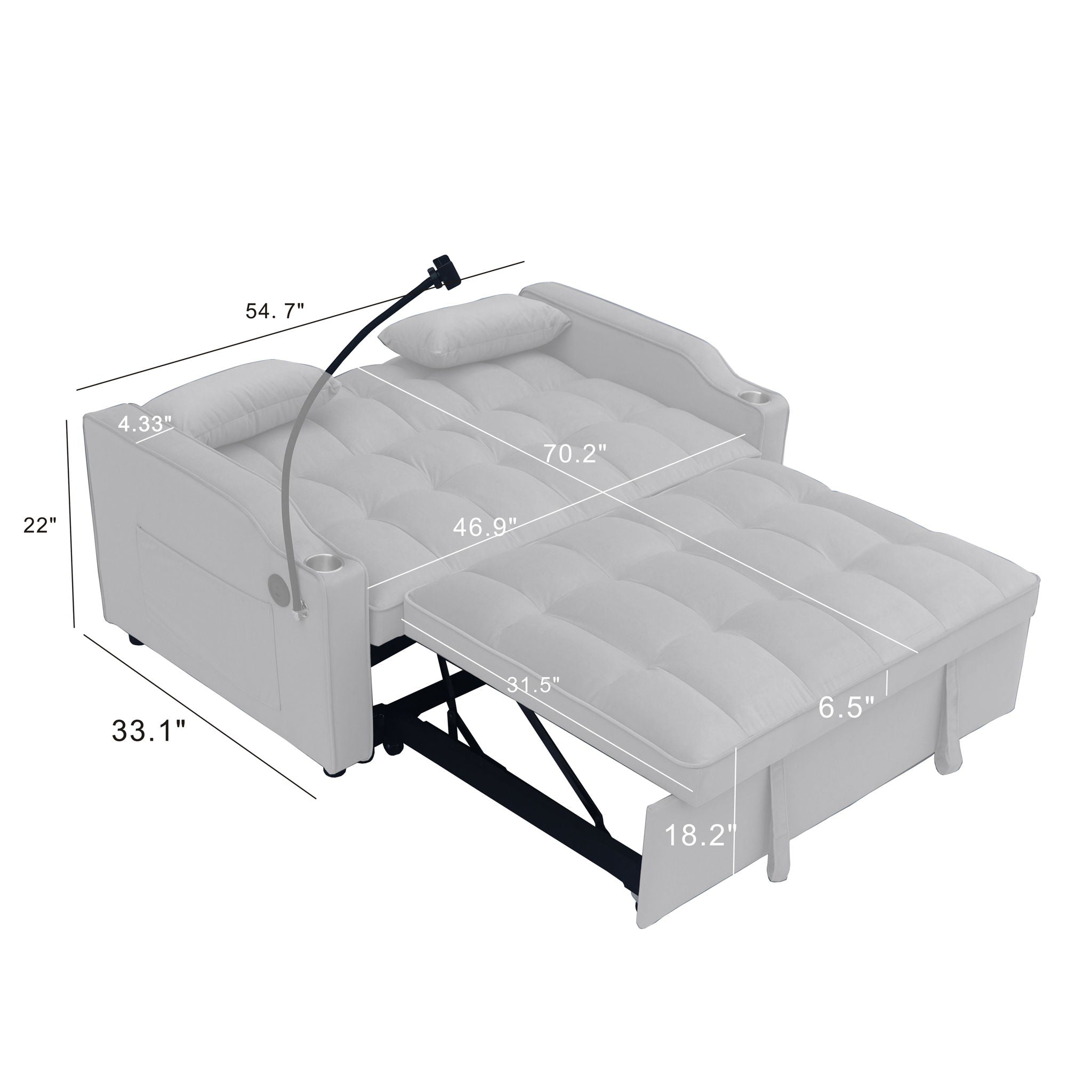 Modern Velvet Loveseat With Pullout Bed, Adjustable Reclining Backrest