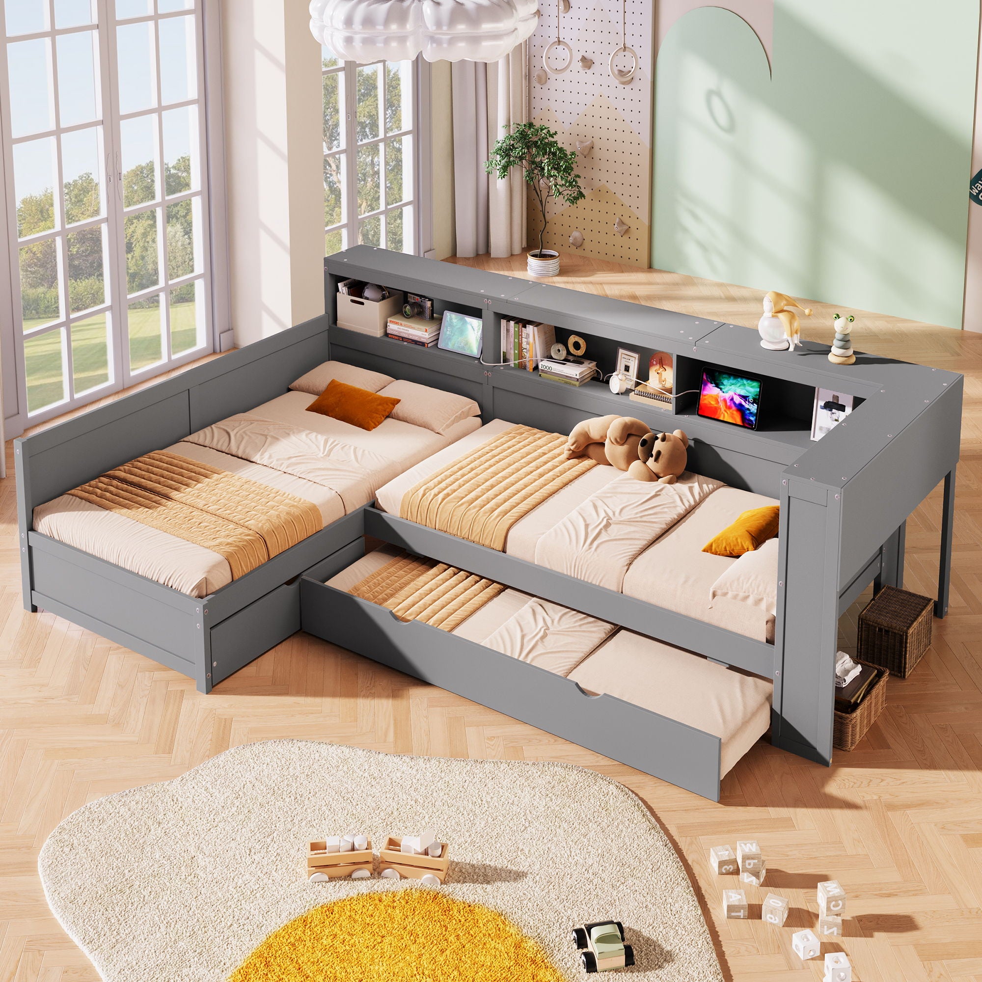 L Shaped Platform Bed With Trundle And Drawer