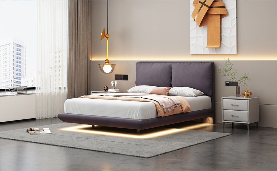 Upholstered Platform Bed With Sensor Light And 2 Large Backrests, With 2 Sets Of USB Port And Socket On Each Rear Bed Leg