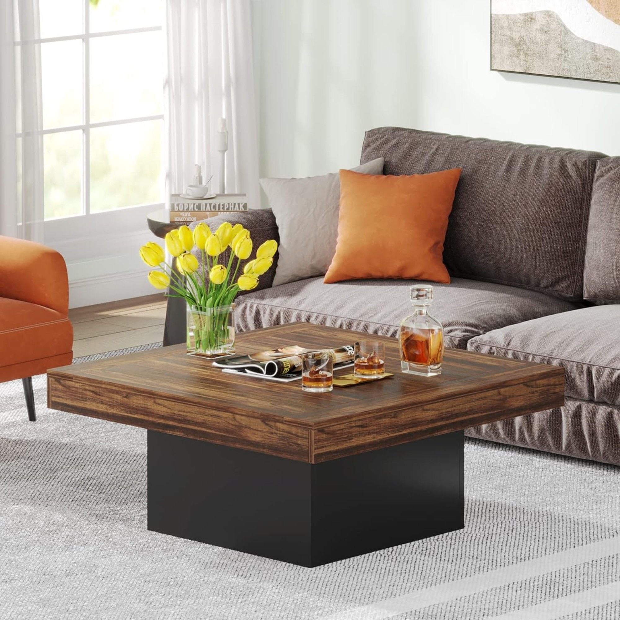 LED Coffee Table With Base, Center Table For Living Room - Rustic Brown