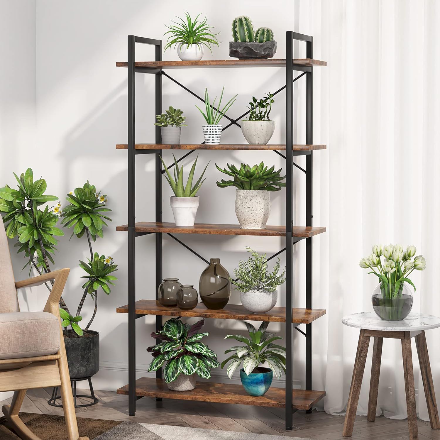 5 Tier Bookshelf Unit With Accents For Living Room - Black / Brown