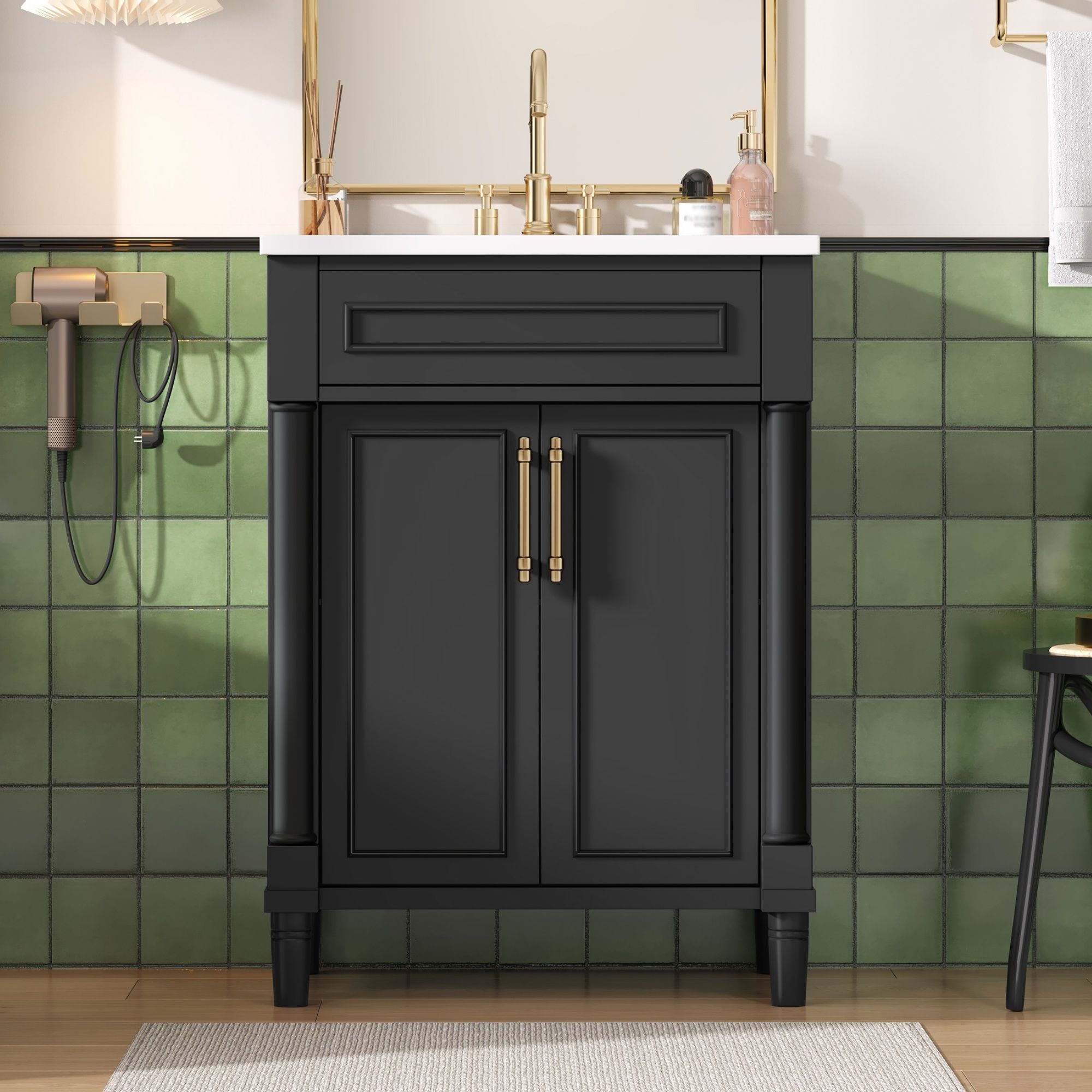 Bathroom Vanity With Integrated Sink, 2 Door Cabinet - Black