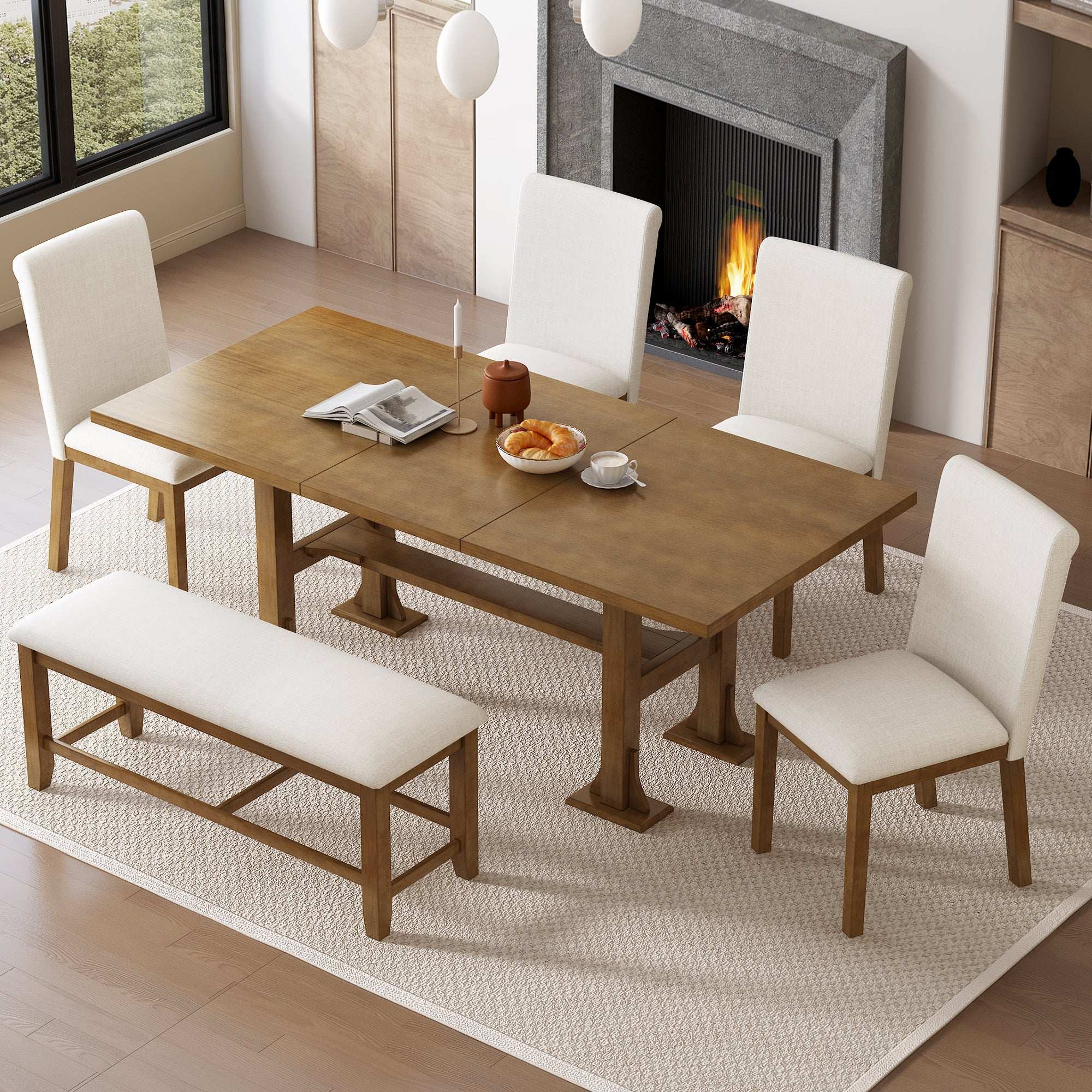 Farmhouse 76" Extendable Dining Table Set, Dark Brown, 6 Pieces