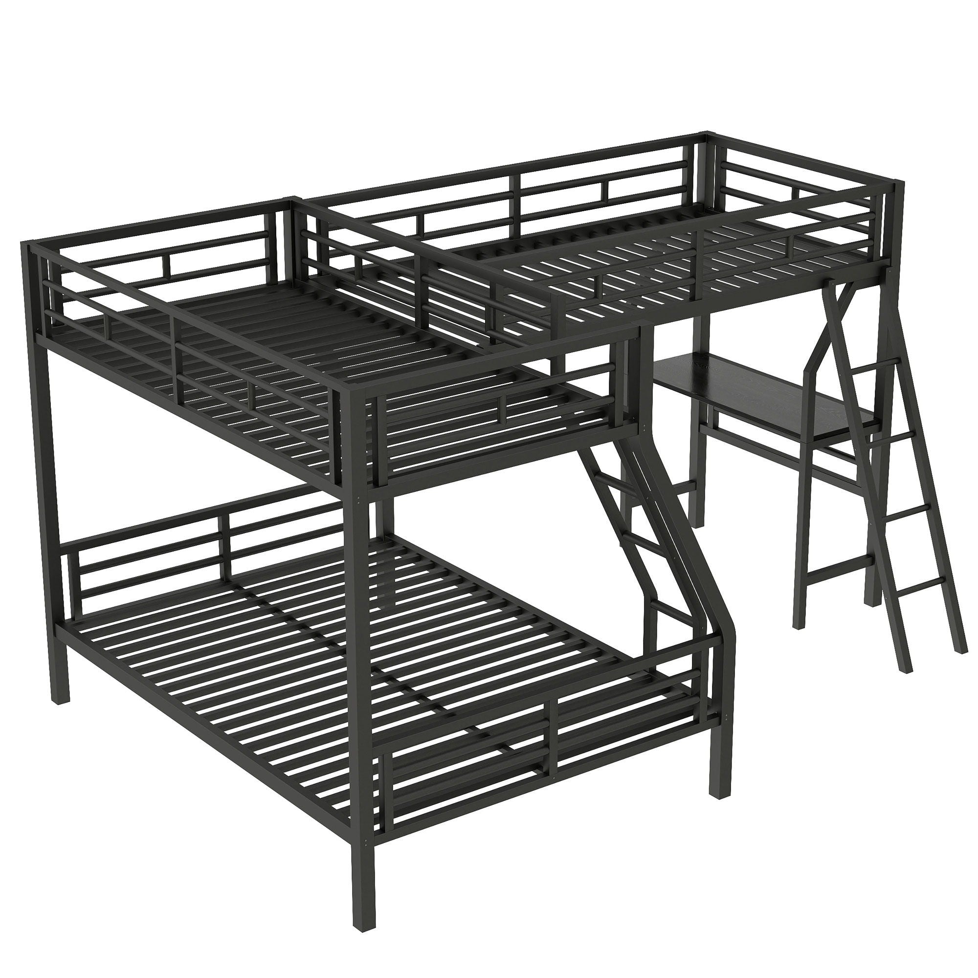 Twin Over Full Bunk Bed With Loft And Desk, L-Shaped Design For 3 Sleepers - Black