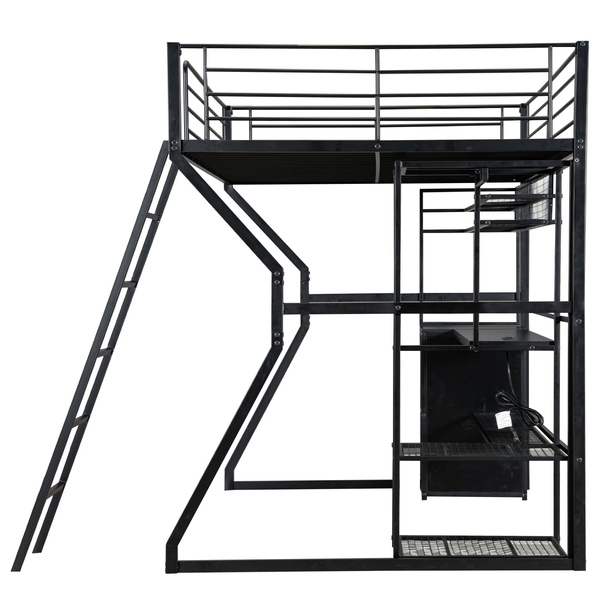 Full Size Gaming Loft Bed With Built In Work Station, Open Wardrobe, LED And Multiple Storage - Black