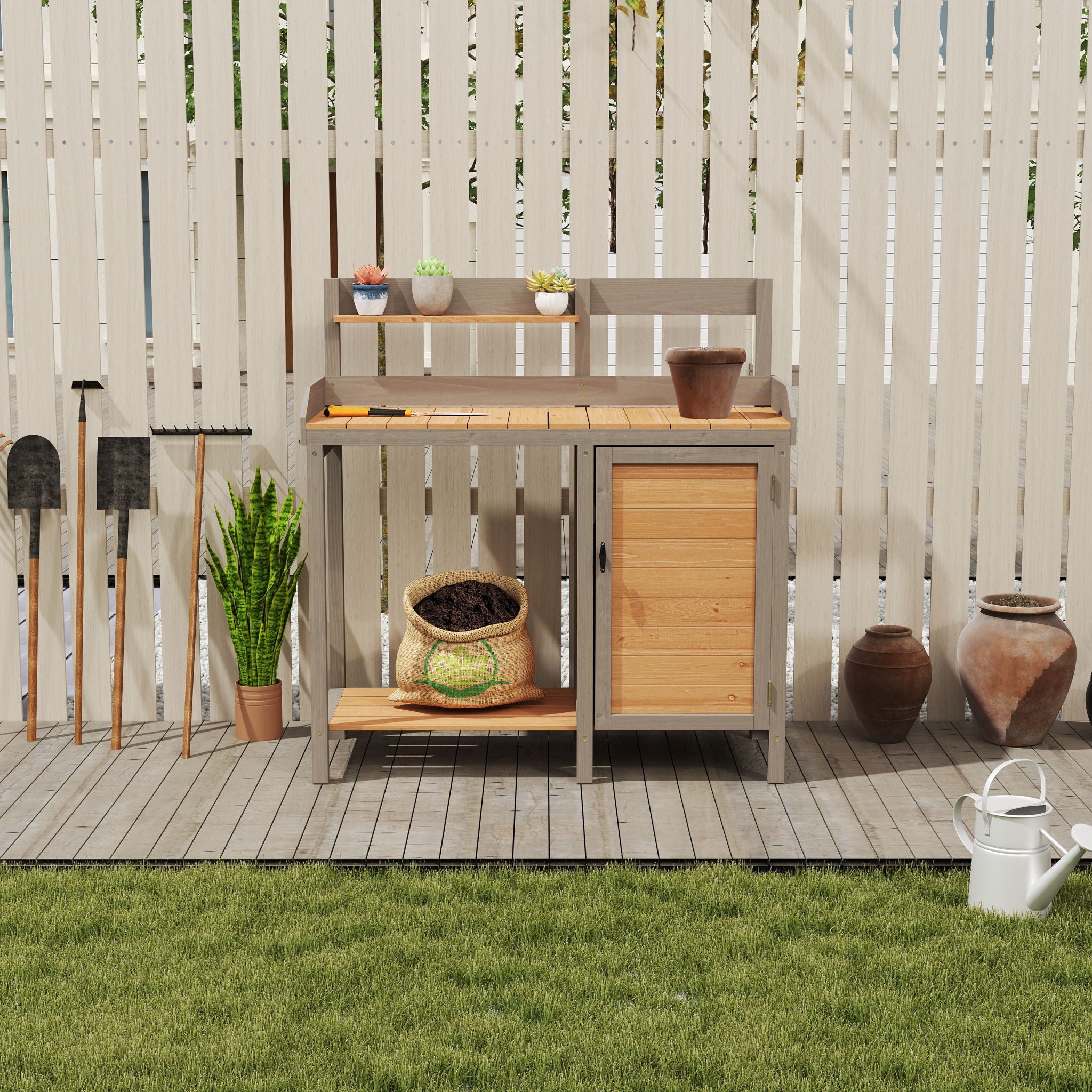 Outdoor Potting - Bench, Workstation Table With Cabinet For Backyard Garden Supplies - Brown / Gray