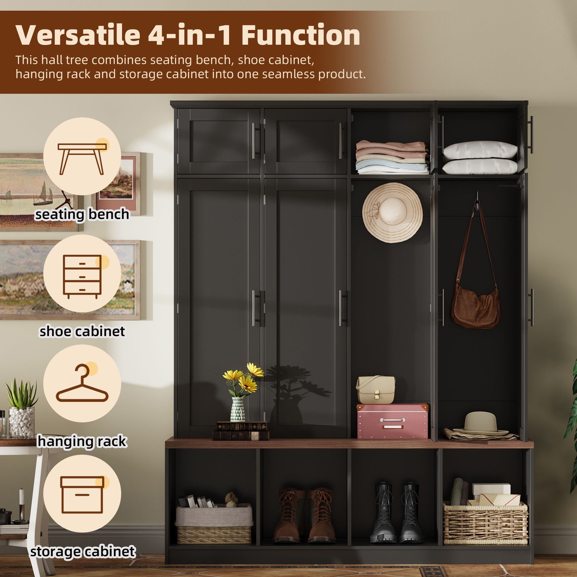 Farmhouse Hall Tree With 4 Hidden Hanging Hooks And 8 Doors