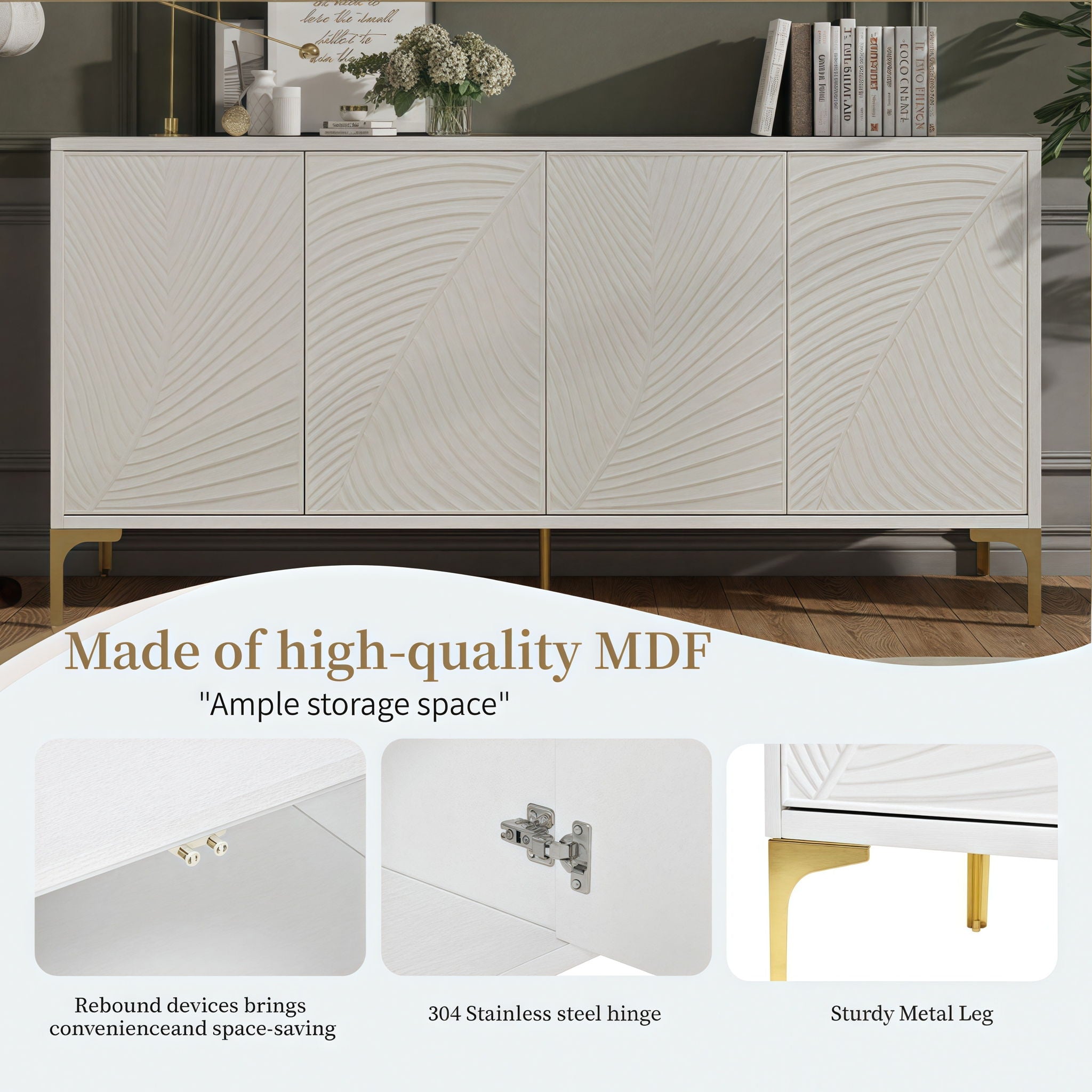 Modern 4 Door Sideboard With Creative Carved Surface And Adjustable Shelves