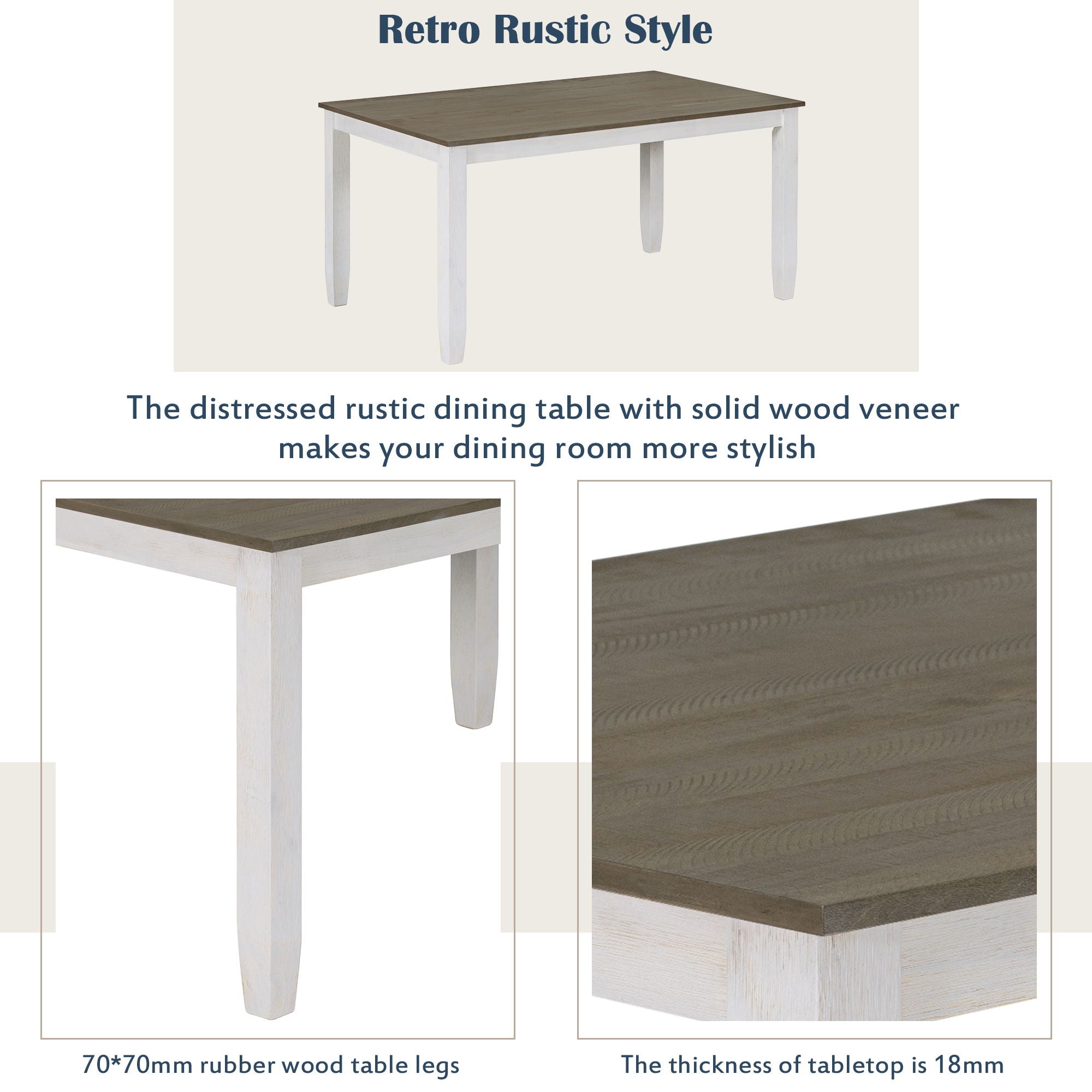 Rustic Style 6 Piece Dining Room Table Set With 4 Upholstered Chairs & A Bench - Brown / Whitewash