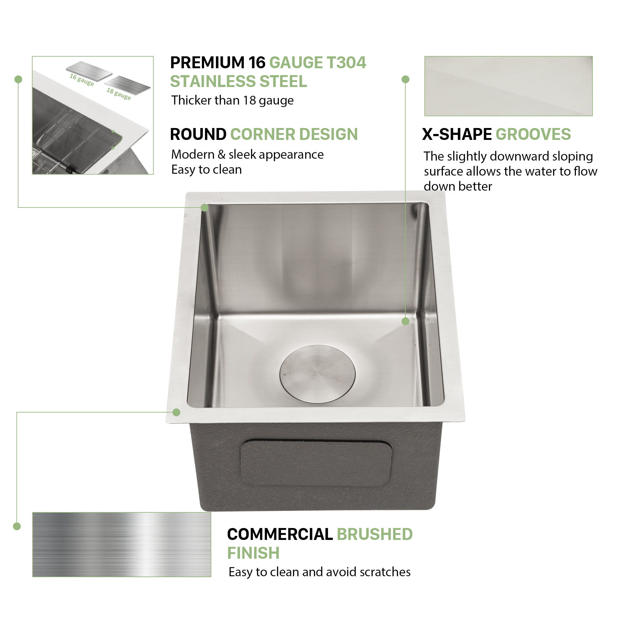 Modern Undermount Stainless Steel Kitchen Sink 16 Gauge, Deep Single Bowl