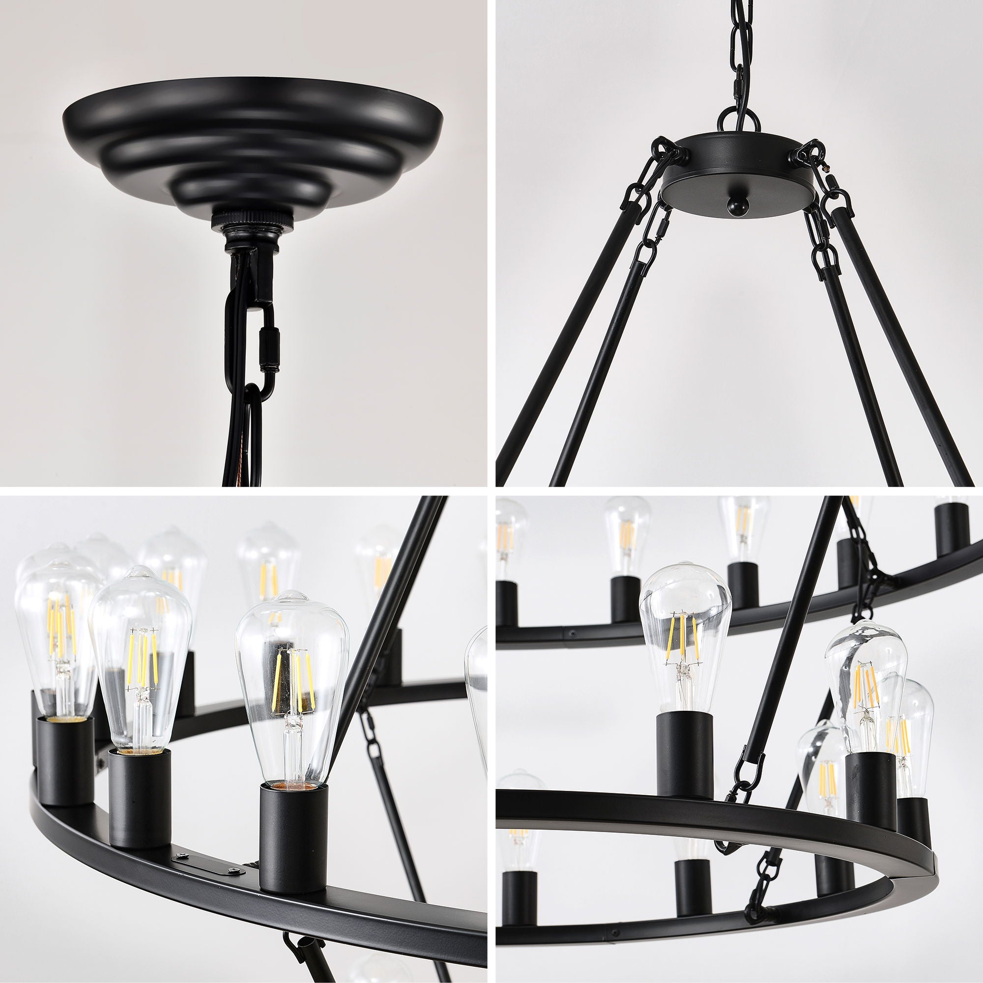 Extra Large Wagon Wheel Chandelier, 2 Tier 36 Lights (No Include) Farmhouse Industrial Round High Ceiling Pendant Light Adjustable Chain, For Dining Room, Living Room, Kitchen - Black
