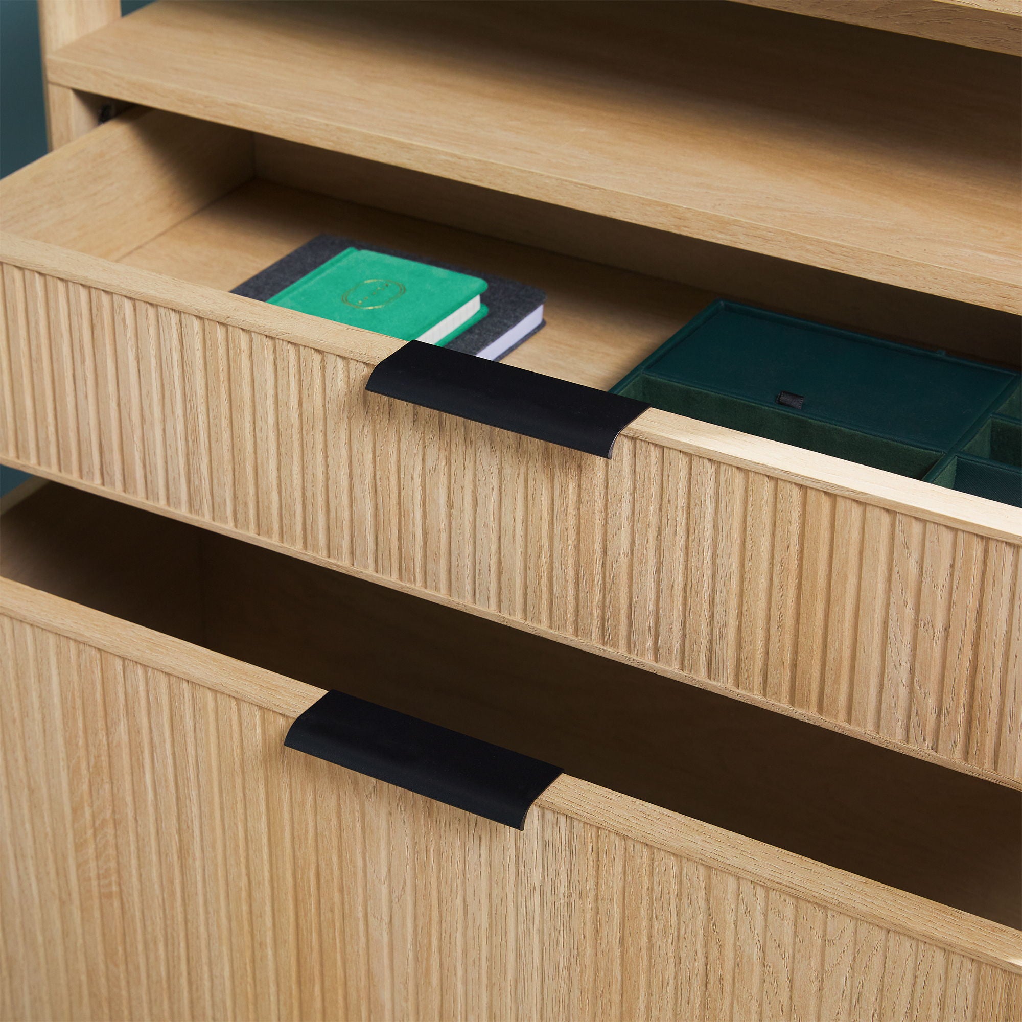 Transitional Wide Reeded Bookshelf With Drawers On Bottom