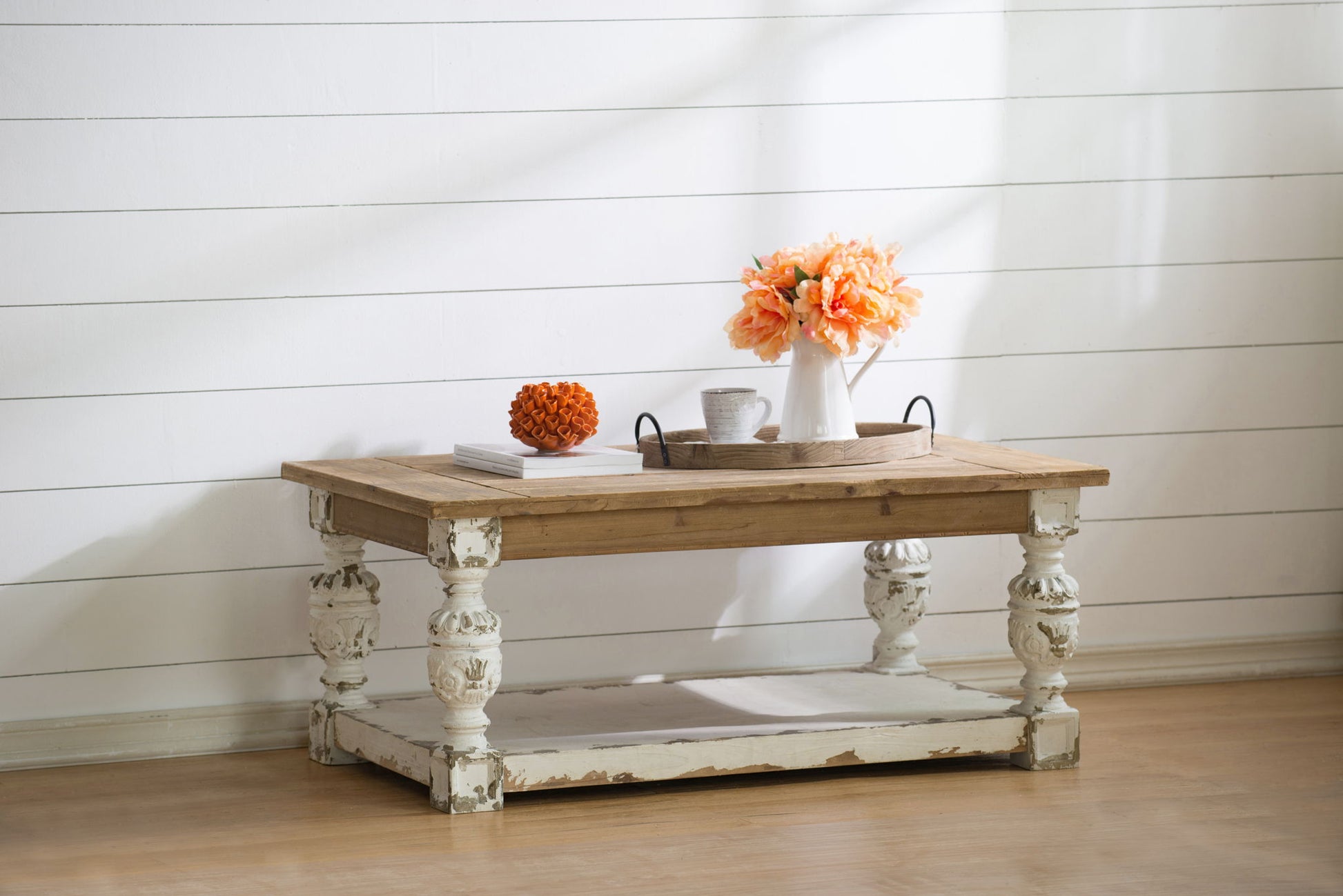Rectangle Coffee Wooden Coffee Table, French Country Coffee Table - Brown / Antique White - Best Buy Furniture