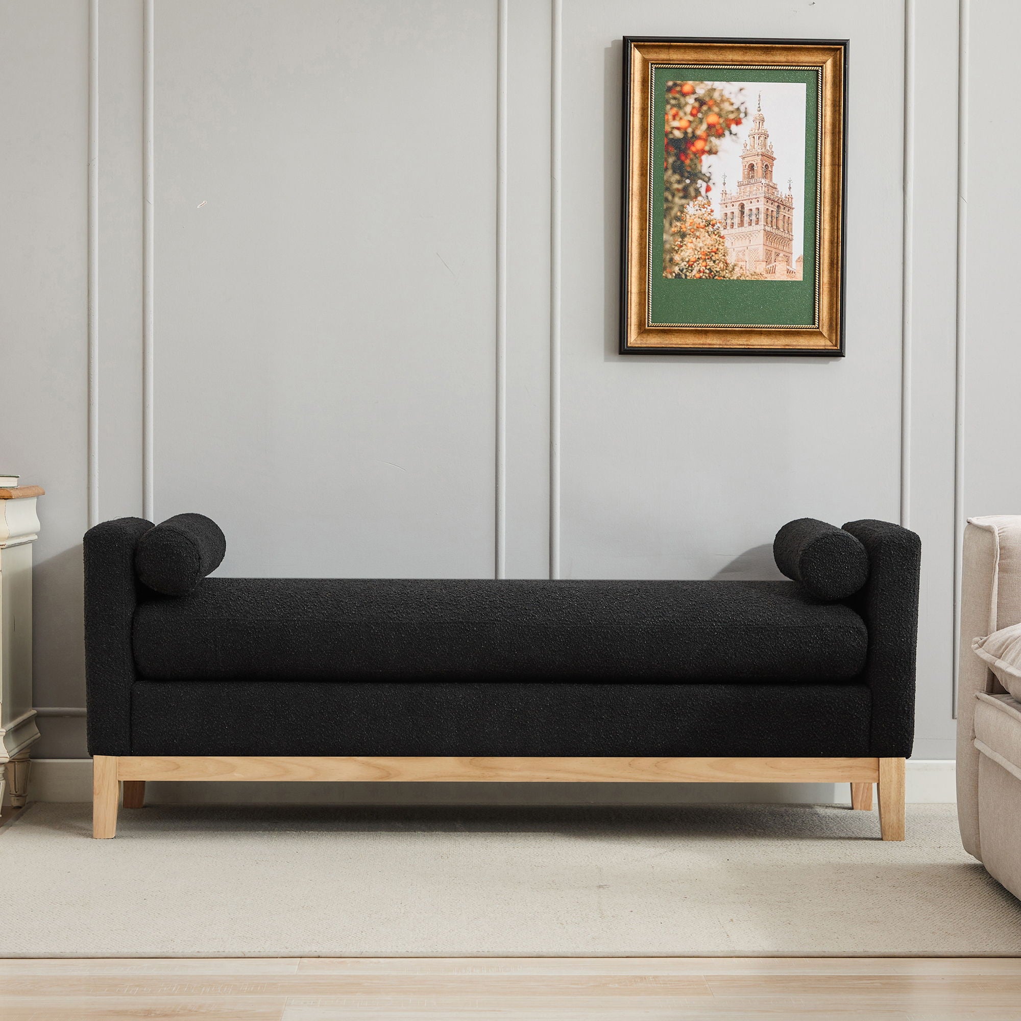 Elegant Upholstered Bench Daybed Ottoman With Bolster Pillows