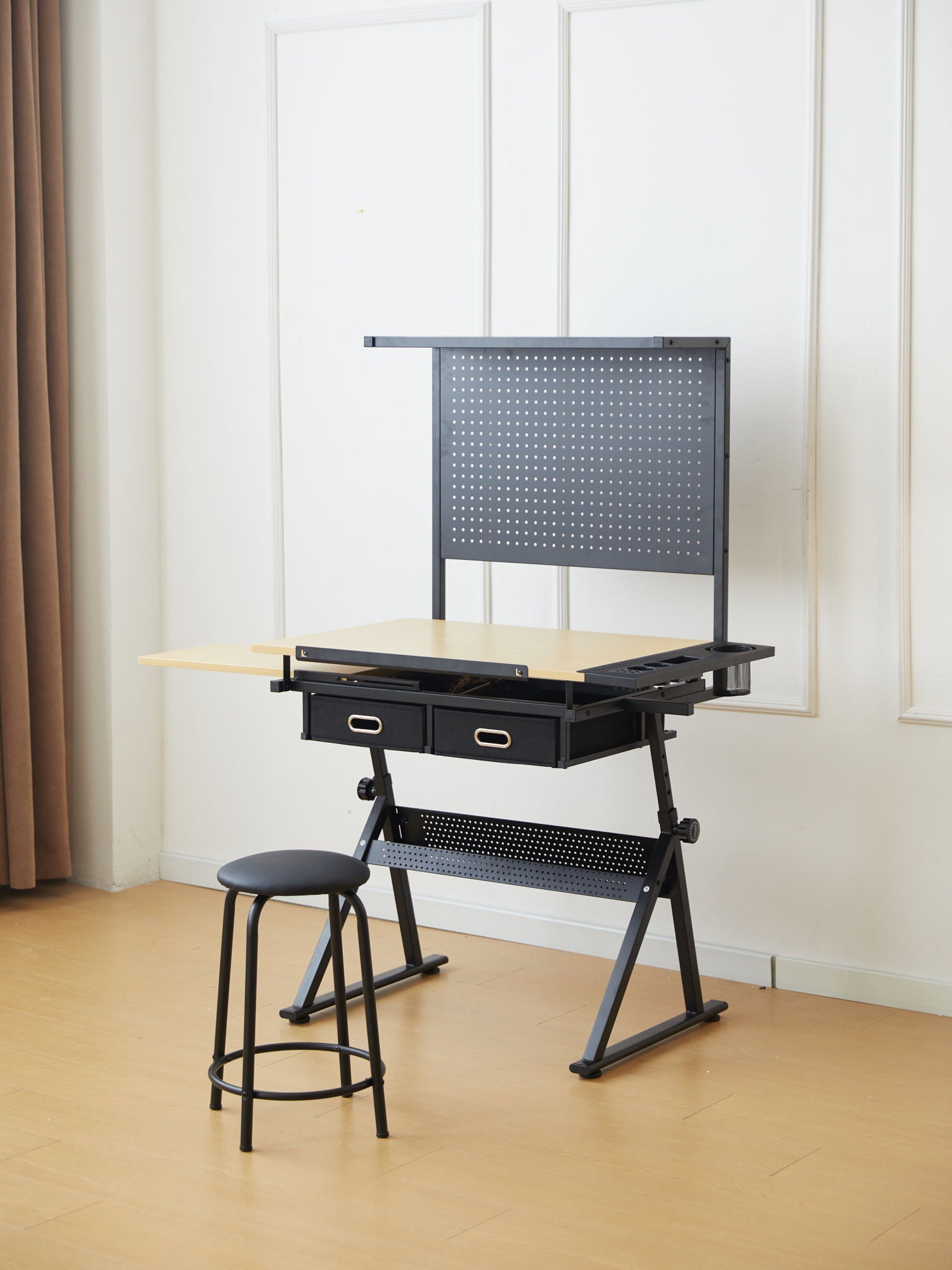 Drafting Table With Metal Perforated Board Pannel - Black / Brown - Best Buy Furniture