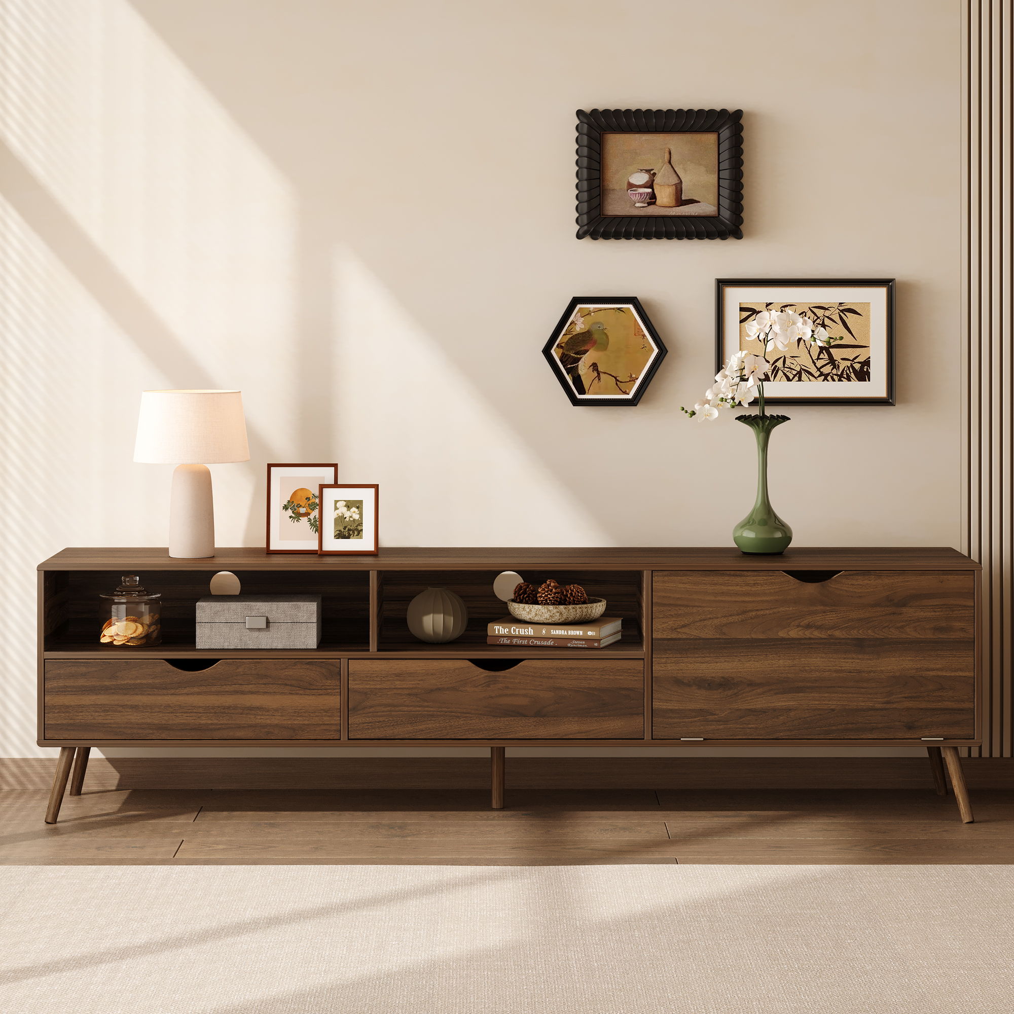 TV Stand With 2 Drawers, 1 Drop Down Door, Media Console Table - Natural