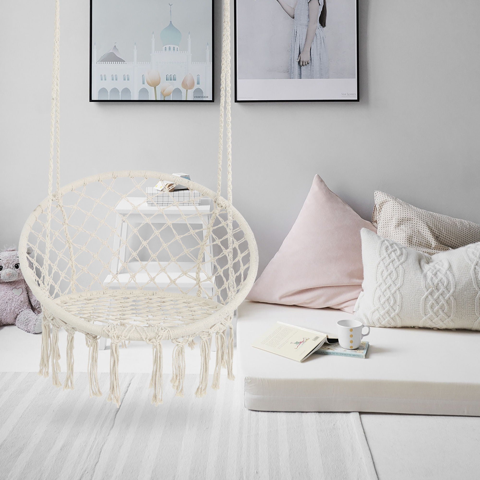 Macrame Hanging Hammock Chair, Cotton Rope Swing For Indoor And Outdoor Use