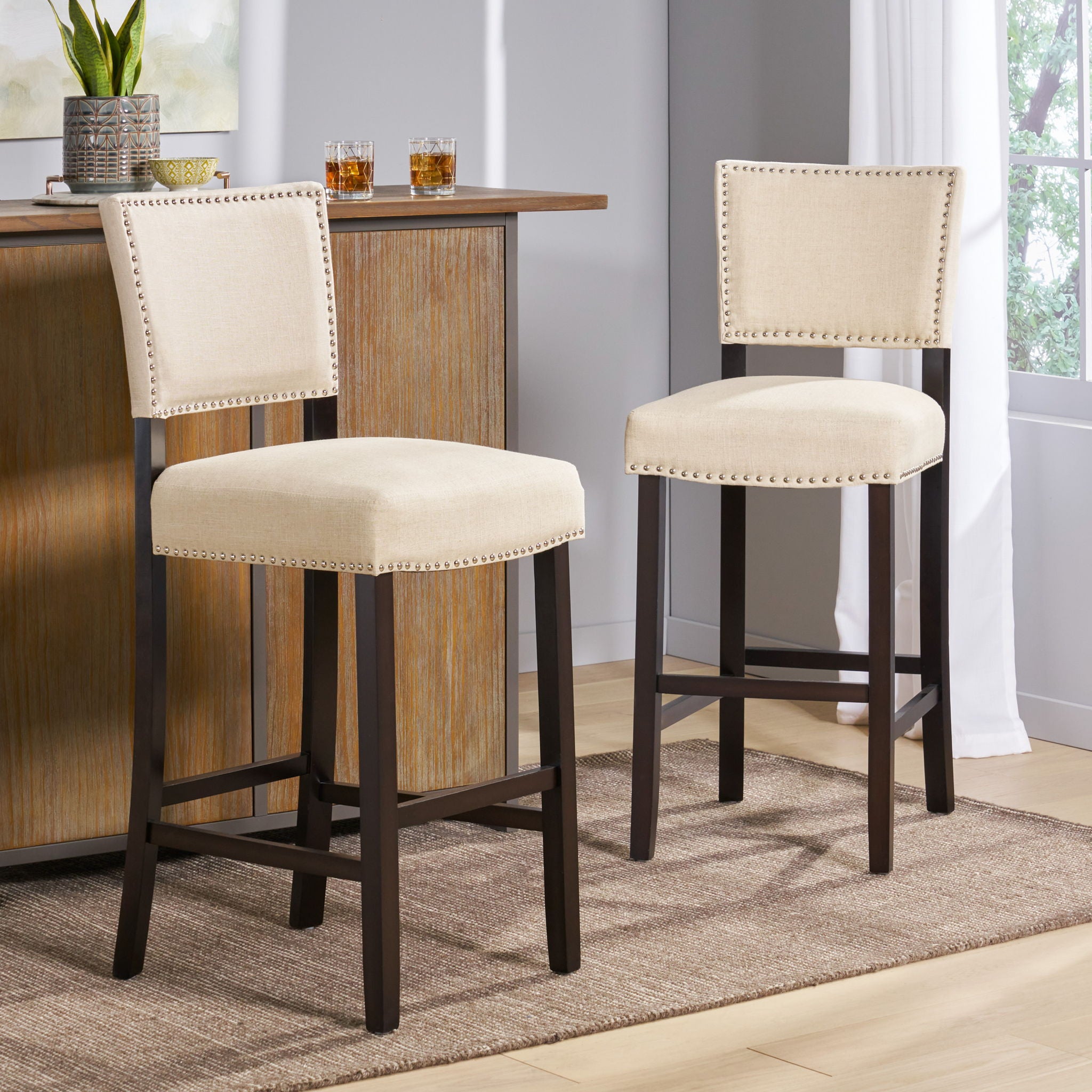 Barstools With Rivet Decoration (Set of 2), Wood Frame, Bar Chairs For Kitchen Island - Beige - Best Buy Furniture