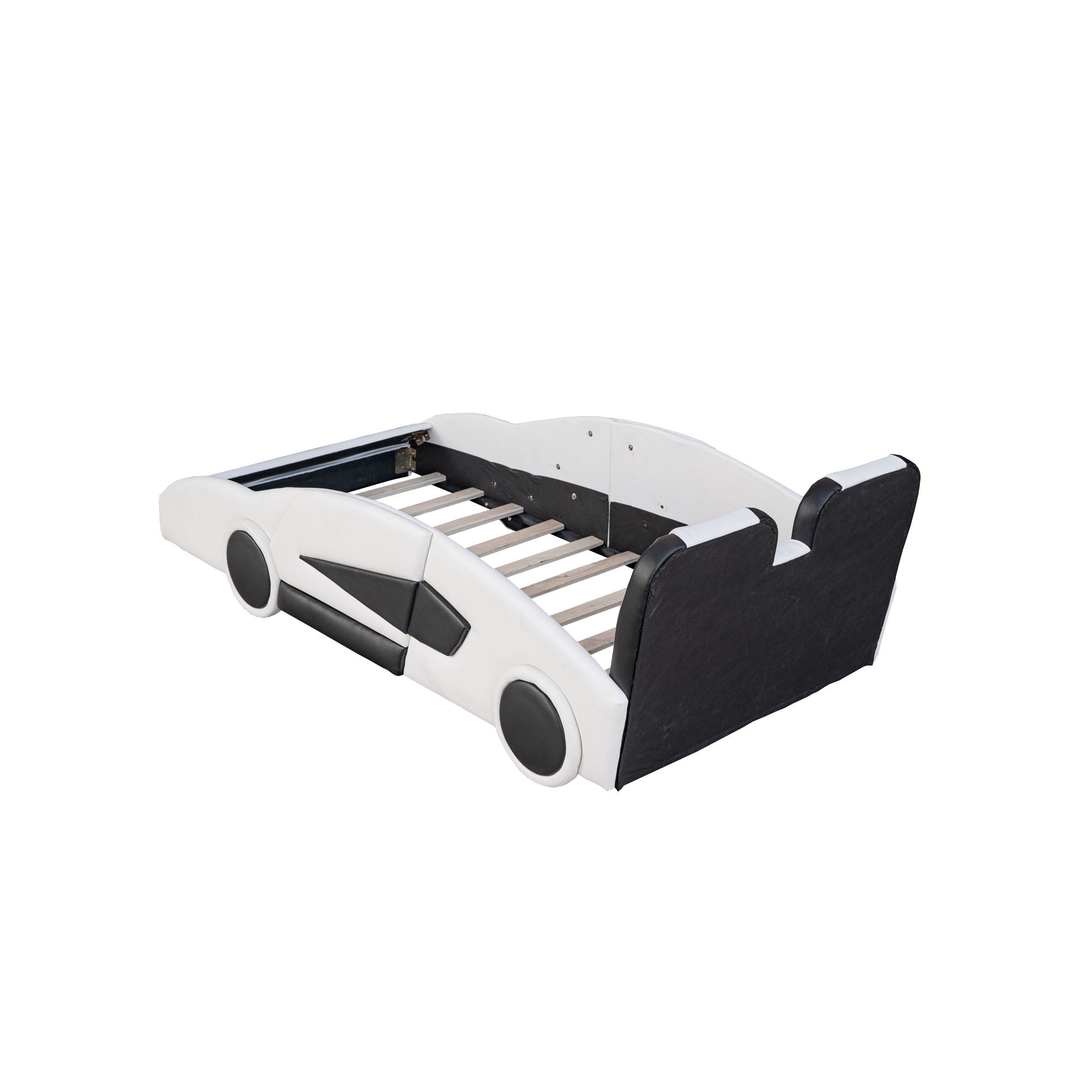 Race Car Shaped Twin Platform Bed With Wheels, Pine Wood Construction