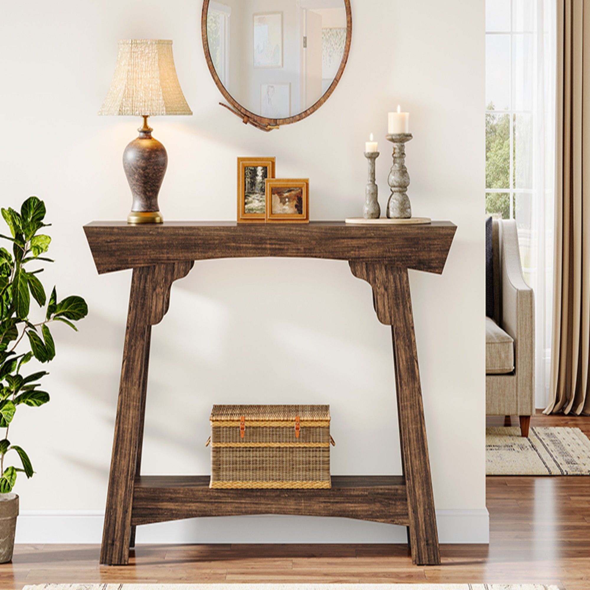 Console Table With 2 Tier Storage - Rustic Brown