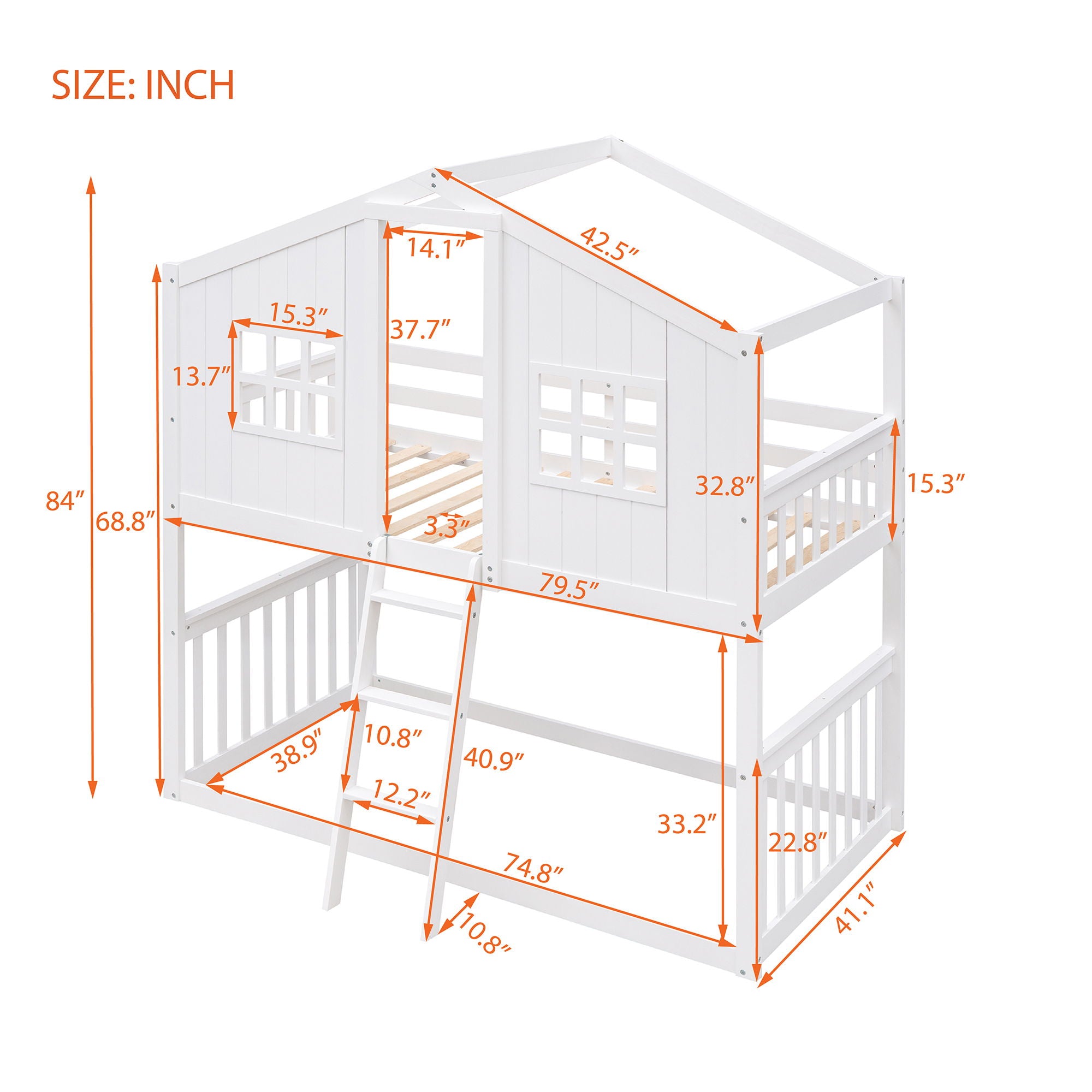 House Bunk Bed With Ladder, Wood Bed