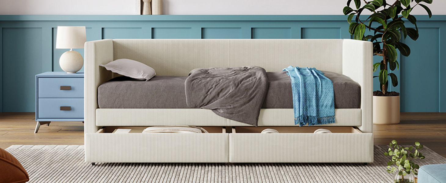 Corduroy Daybed With Two Drawers And Wood Slat