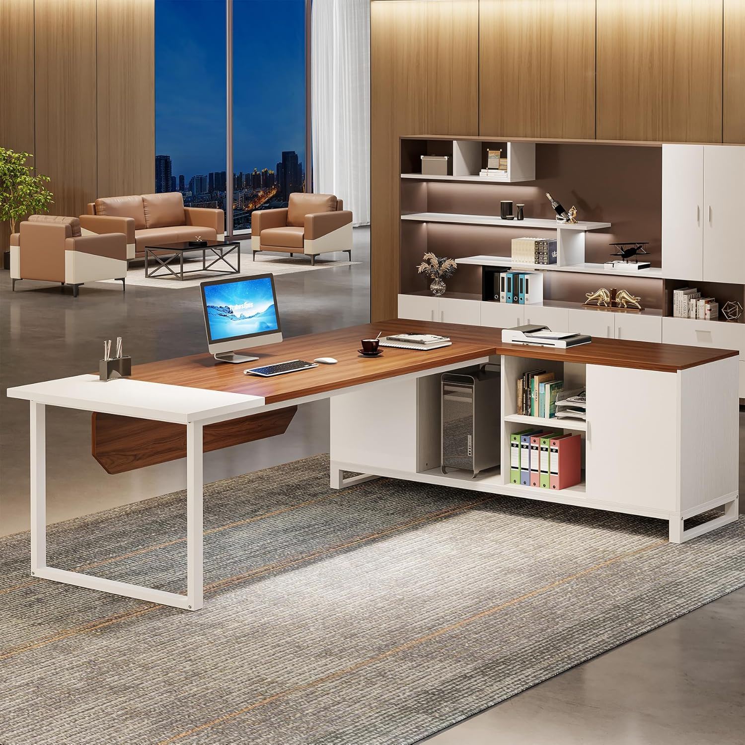 L-Shaped Executive Desk With File Cabinet, Large Workspace For Home Office - White / Walnut