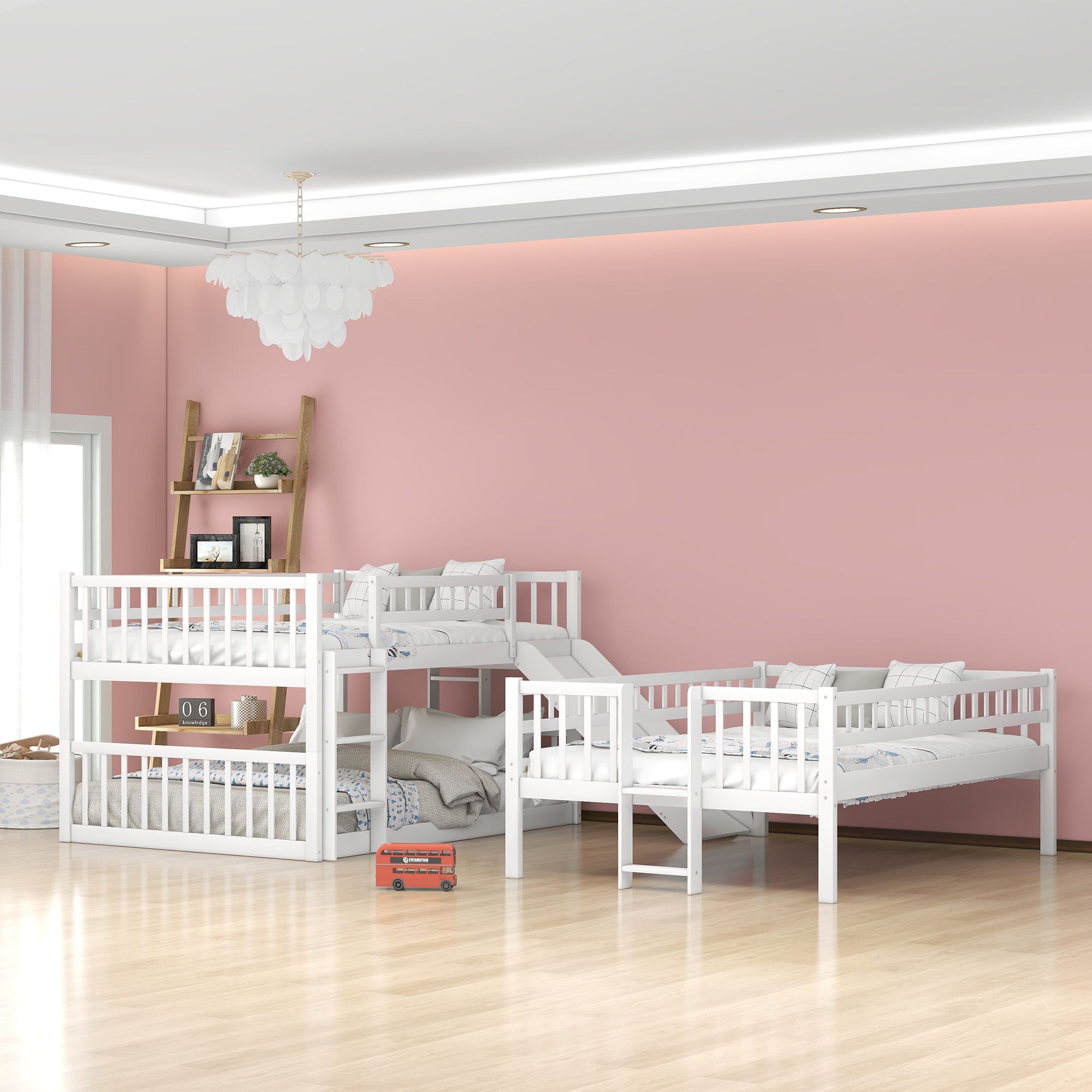 Triple Bed With Built-In Ladder And Slide, With Guardrails