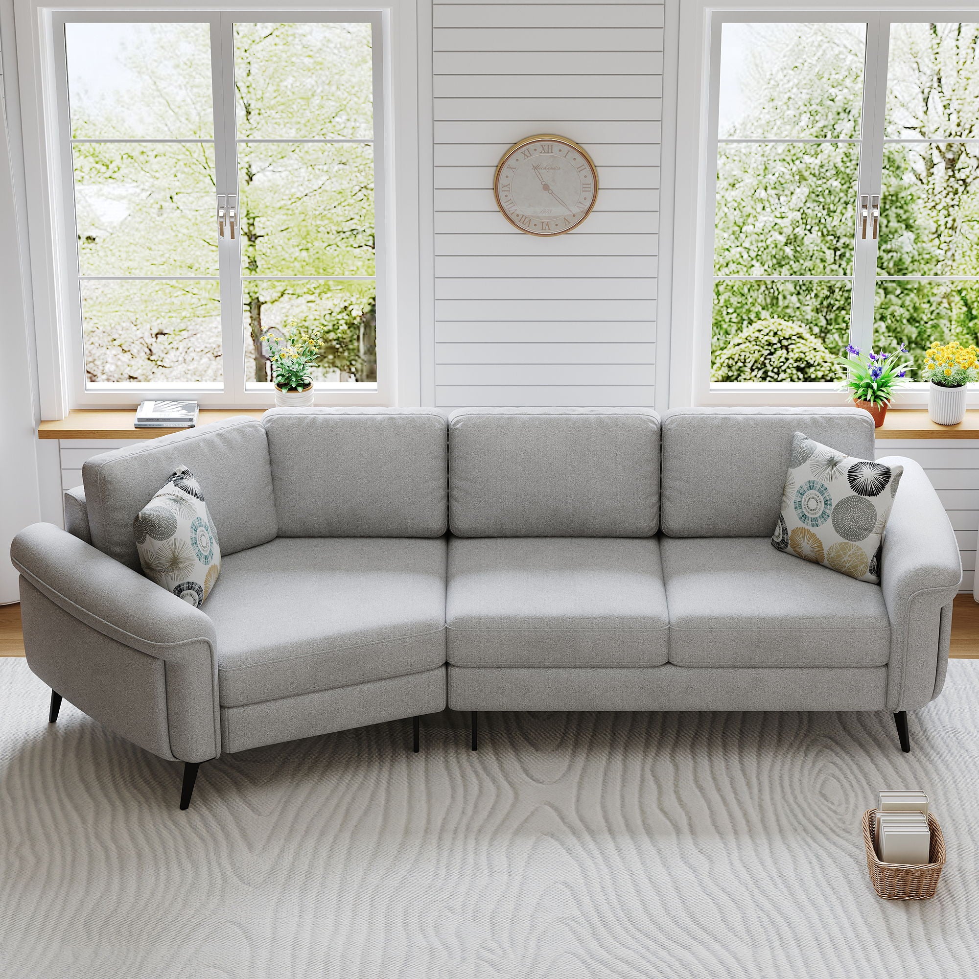 Upholstered 3 Seater Curved Sofa With Printed Pillows Chenille