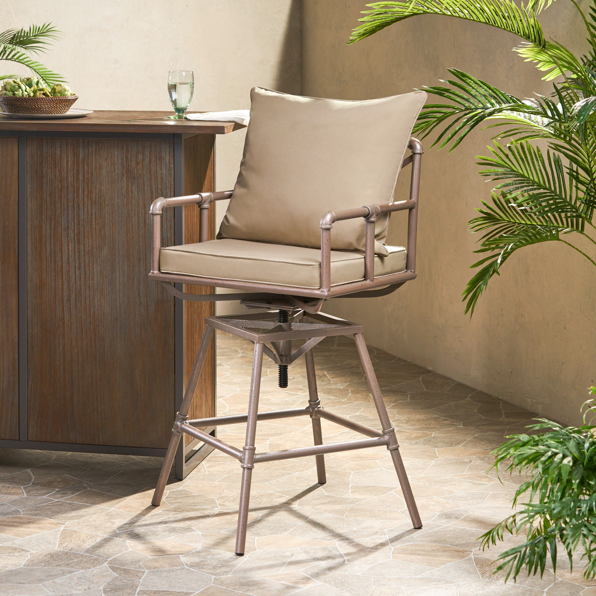 Industrial Outdoor Patio Plumber's Iron Frame Swivel Barstool With Cushions, Height Adjustable