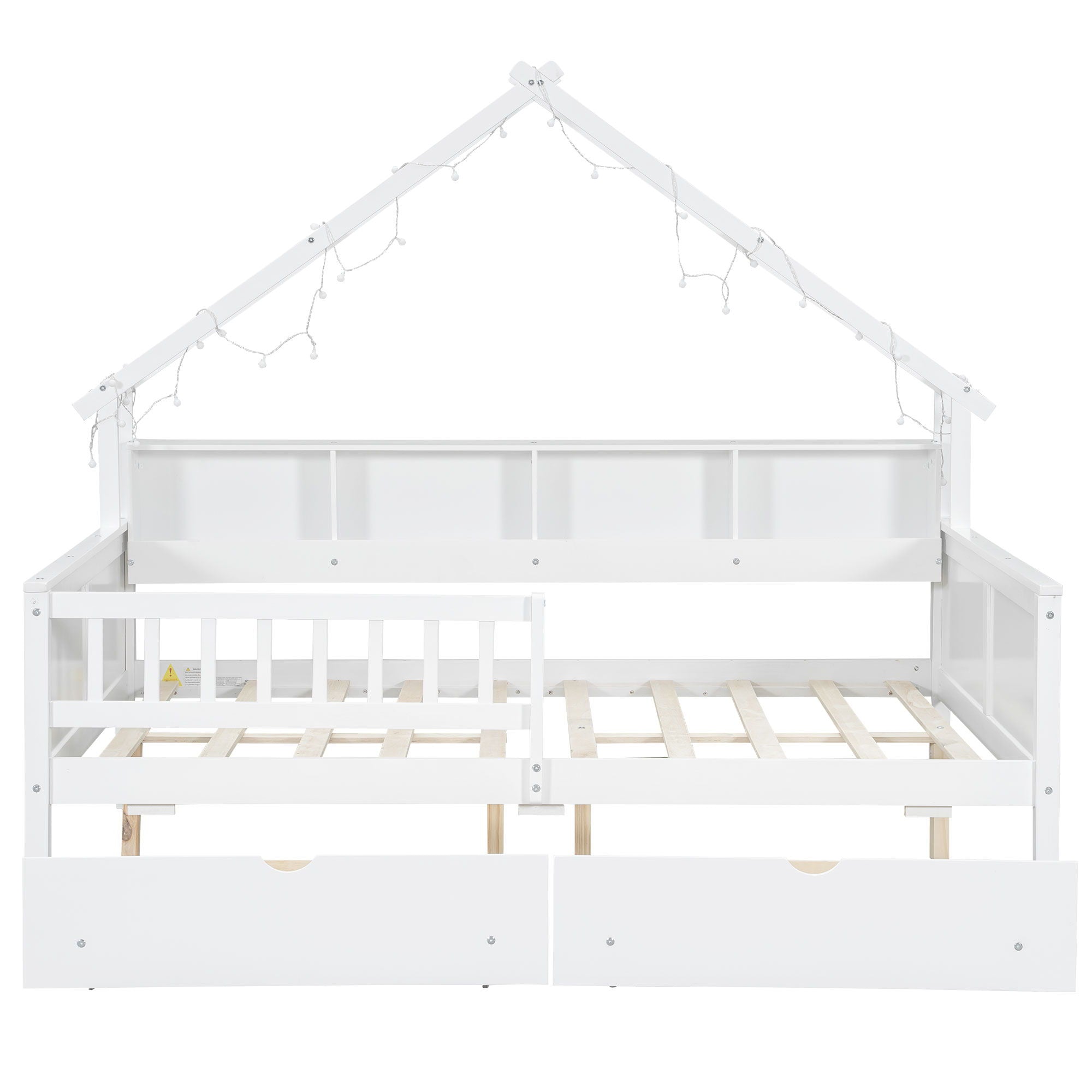 House Style Platform Bed With LED Lights, Storage Shelves, Drawers, And Guardrail