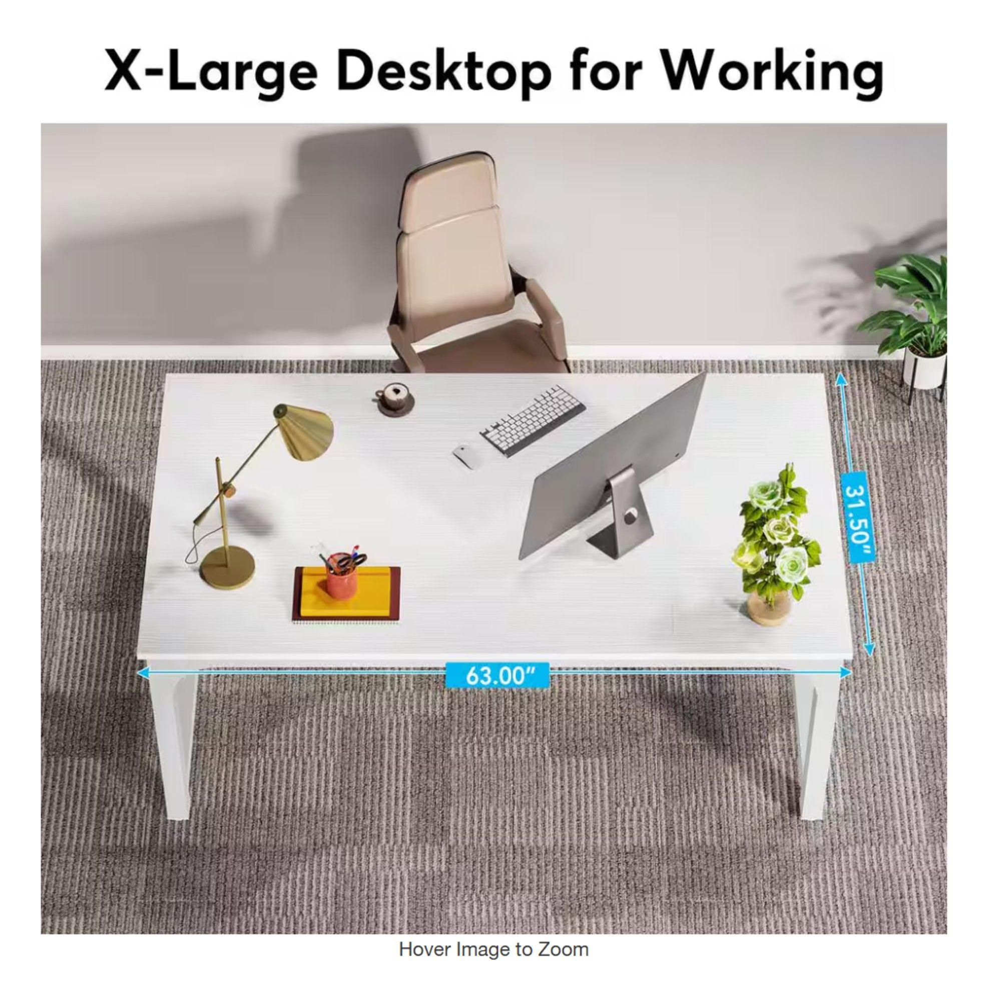 Executive Desk, Large Office Computer Workstation With Thick Frame - White