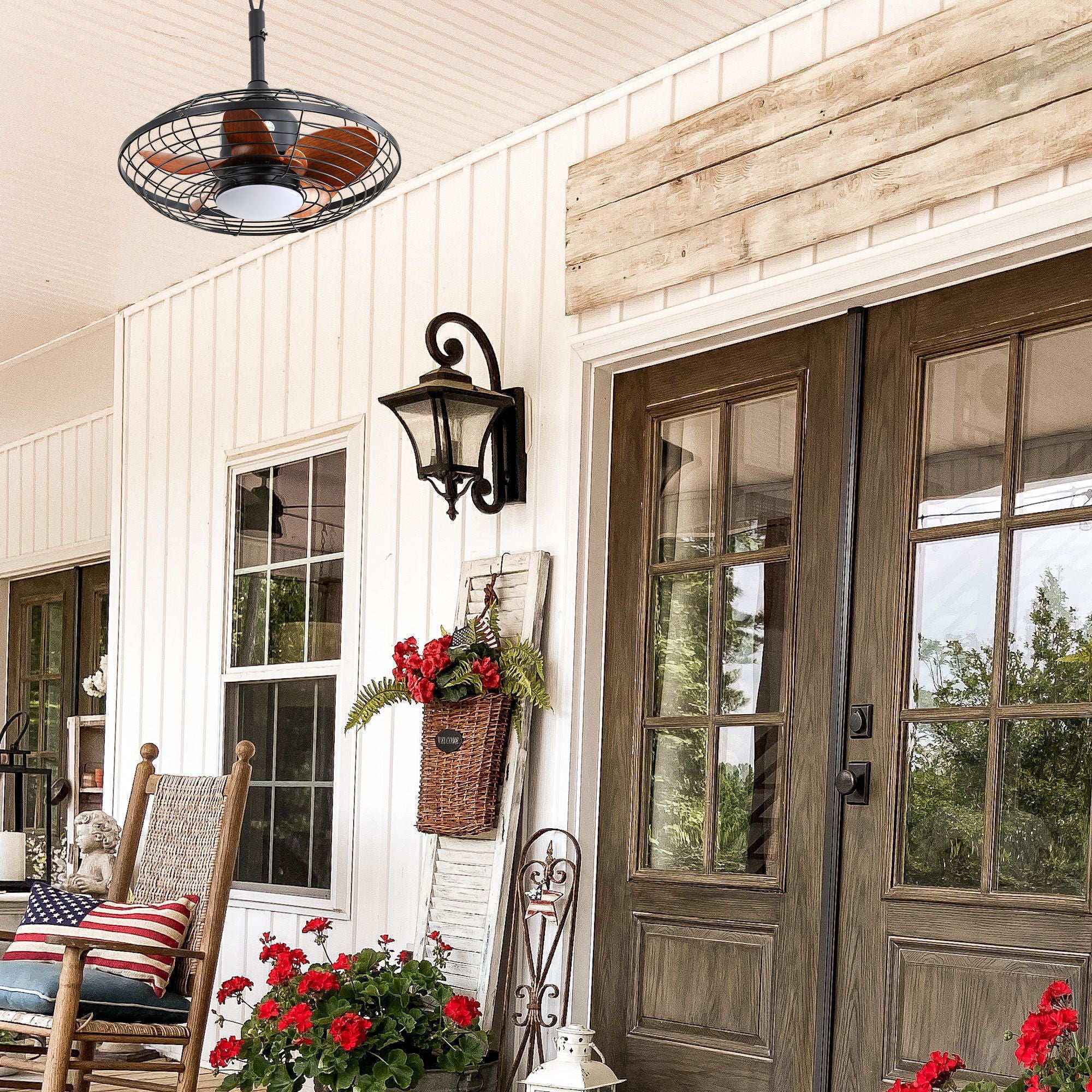 Outdoor Ceiling Fan With DC Motor And LED Light, Blades, Reversible For Patios - Black