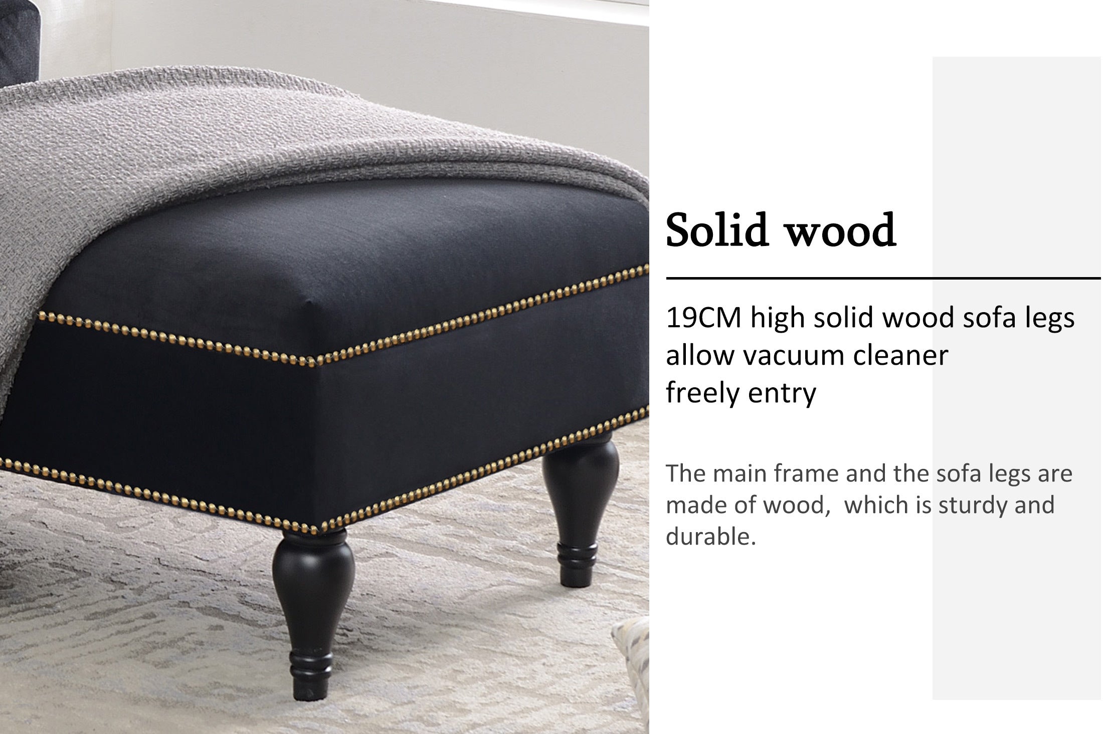 58" Velvet Chaise Lounge with Nailhead Trim and Solid Wood Legs