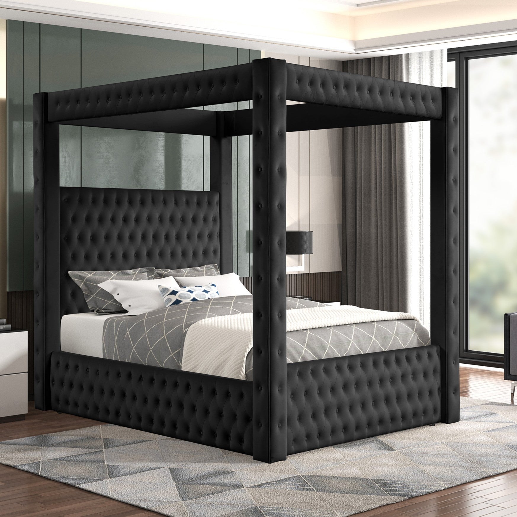Modern Four-poster King Bed with Tufted Headboard and Footboard in Black Rich Velvet Fabric, Solid Wood Frame