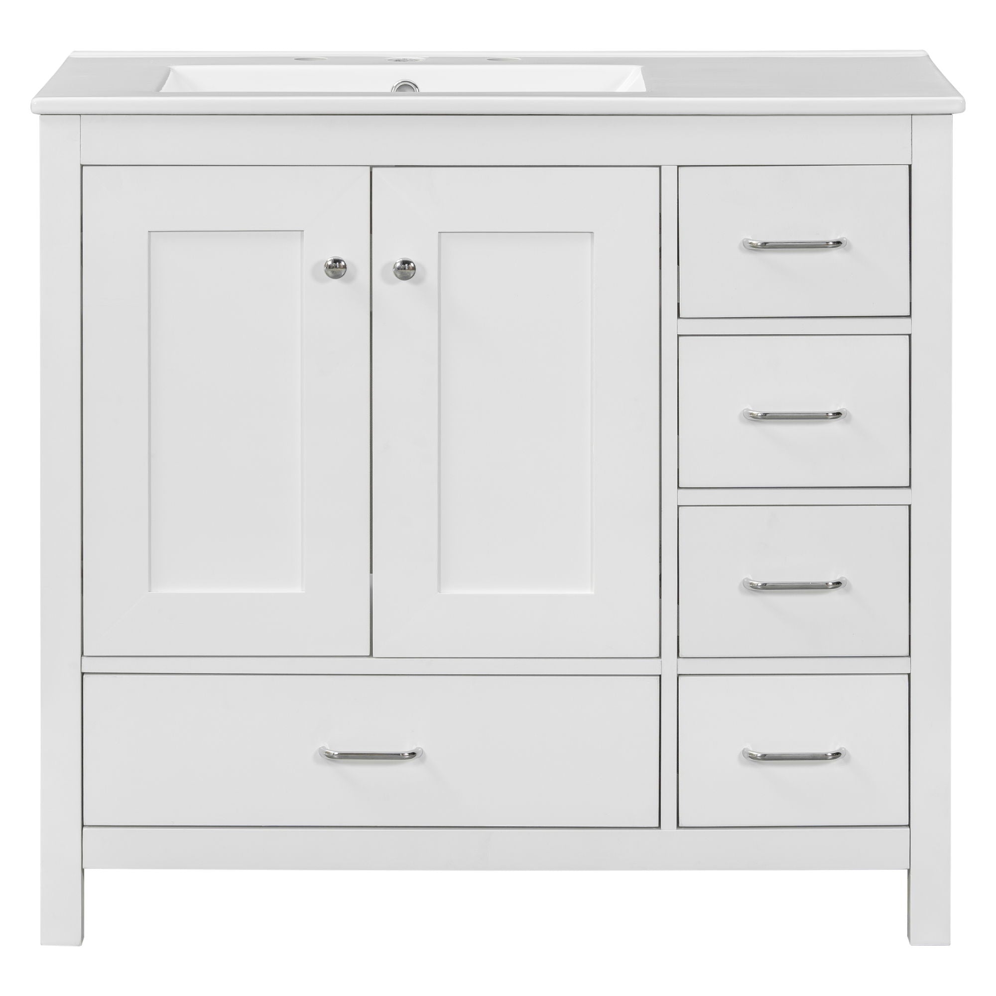 Bathroom Vanity With Ceramic Sink Combo, Abundant Storage Cabinet 2 Soft Close Doors And 5 Drawers