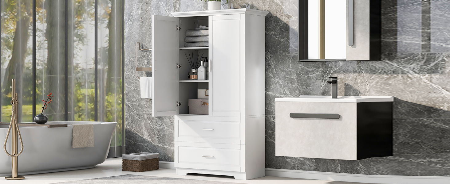 Tall Bathroom Storage Cabinet, Cabinet With 2 Doors And Drawers, Adjustable Shelf
