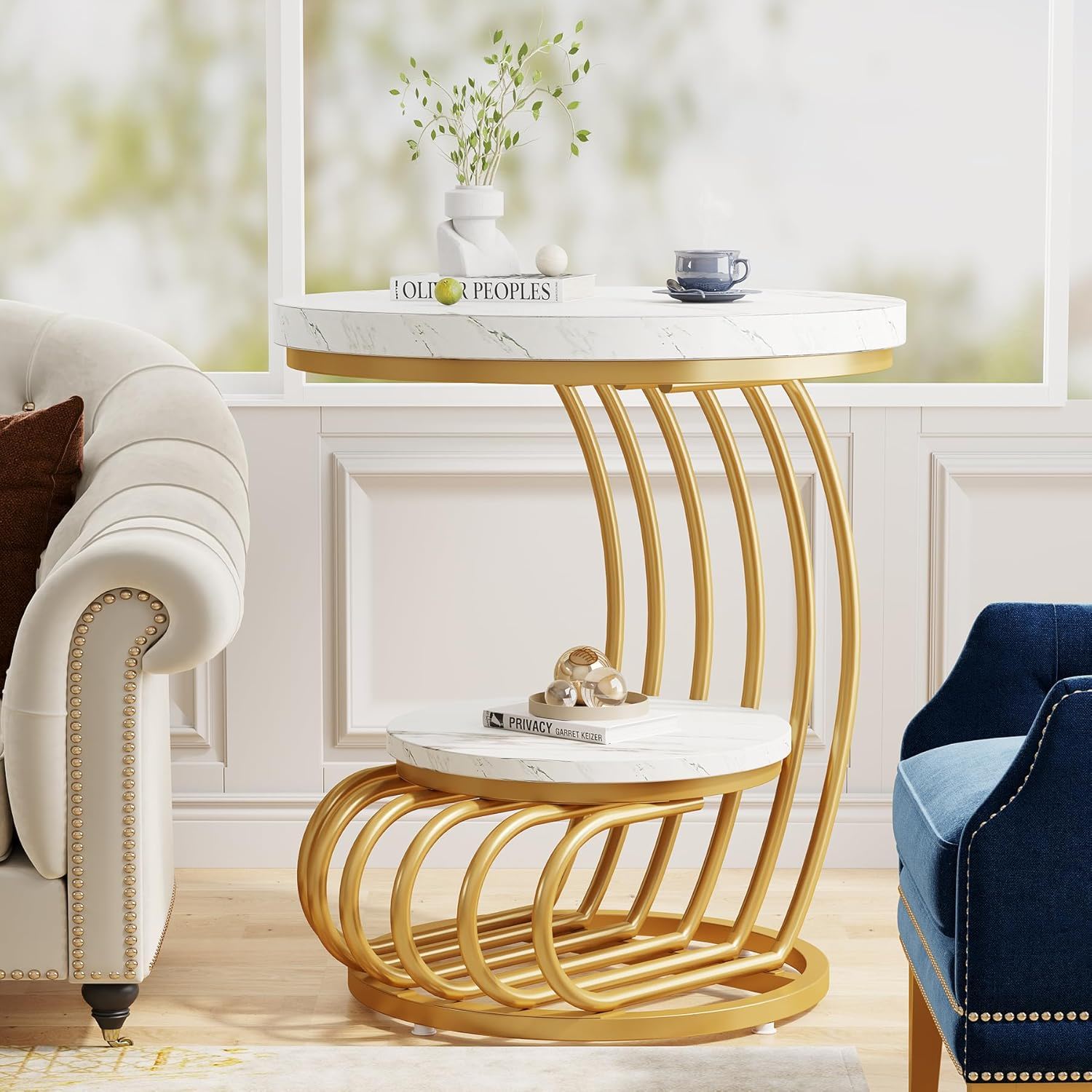 Round Vintage End Table With 2 Tier Storage