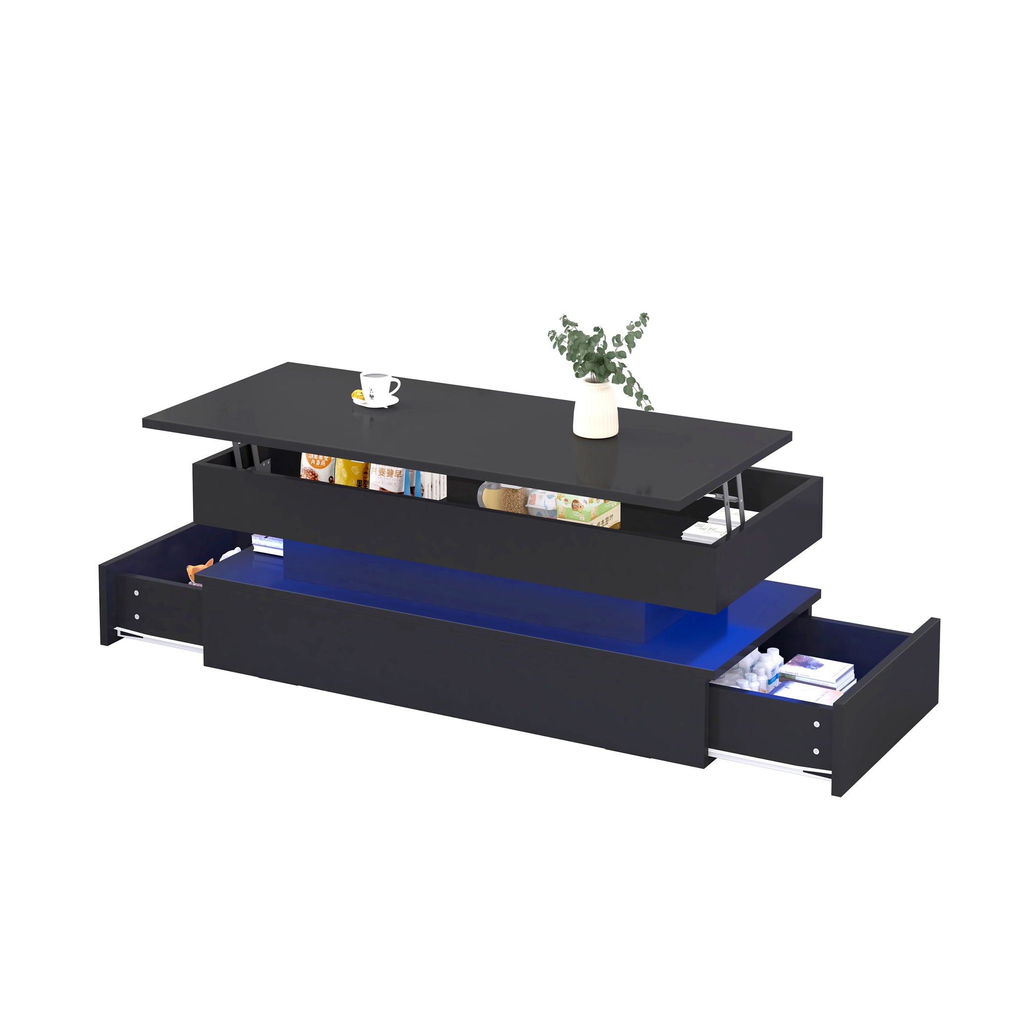 Contemporary Foldable Coffee Table With Drawers And LED, 3 Tier Design