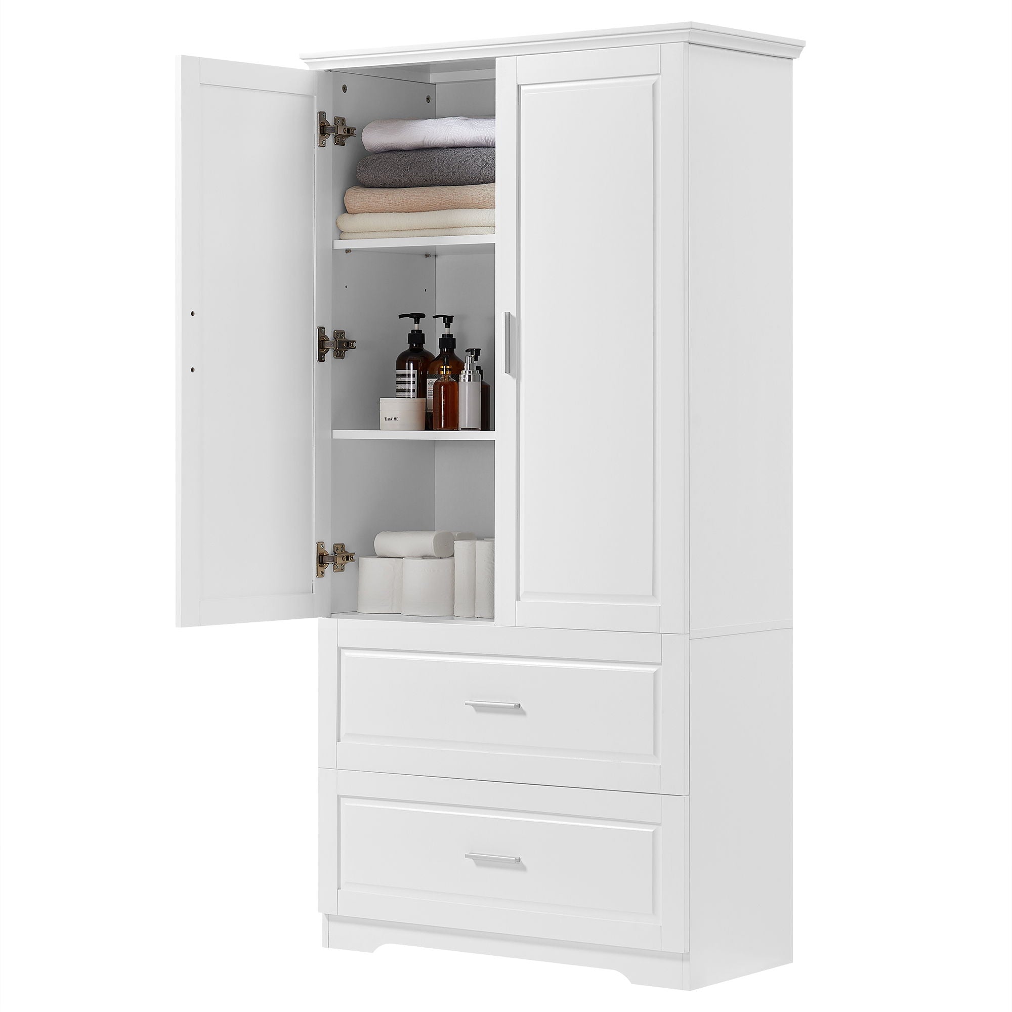 Tall Bathroom Storage Cabinet, Cabinet With 2 Doors And Drawers, Adjustable Shelf