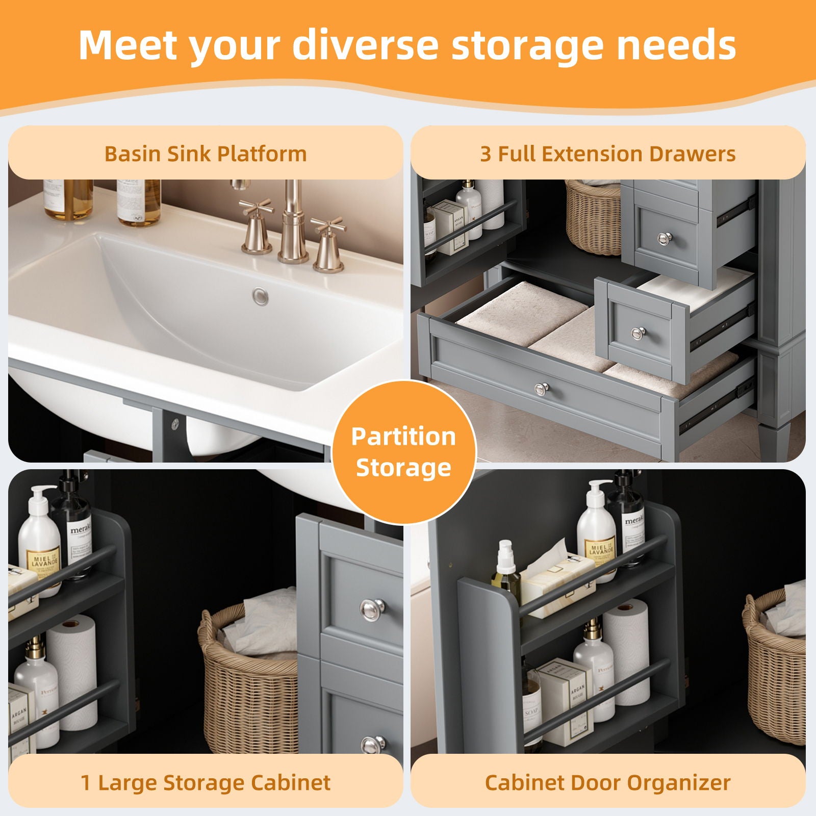 Bathroom Vanity With Sink, Storage Cabinet With 3 Drawers